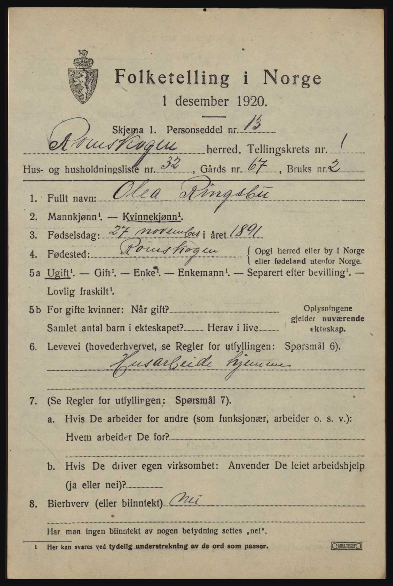 SAO, 1920 census for Rømskog, 1920, p. 504