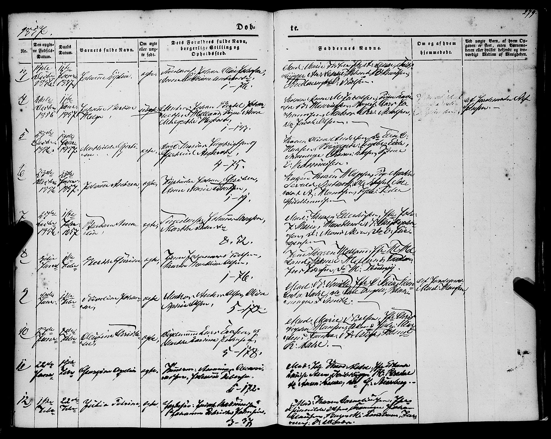 Nykirken Sokneprestembete, AV/SAB-A-77101/H/Haa/L0014: Parish register (official) no. B 1, 1844-1858, p. 279