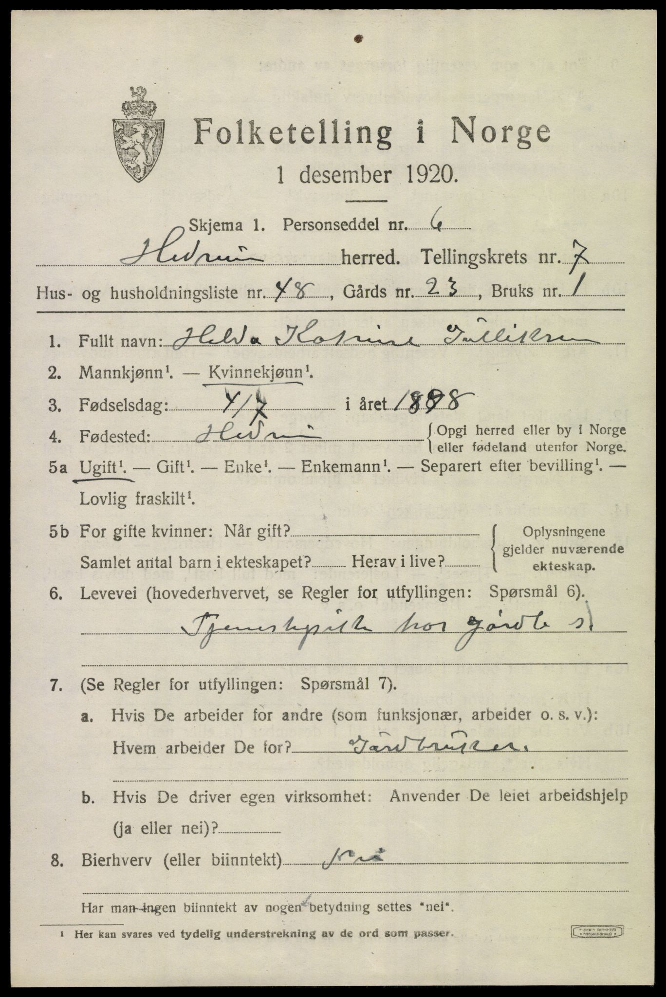 SAKO, 1920 census for Hedrum, 1920, p. 6225