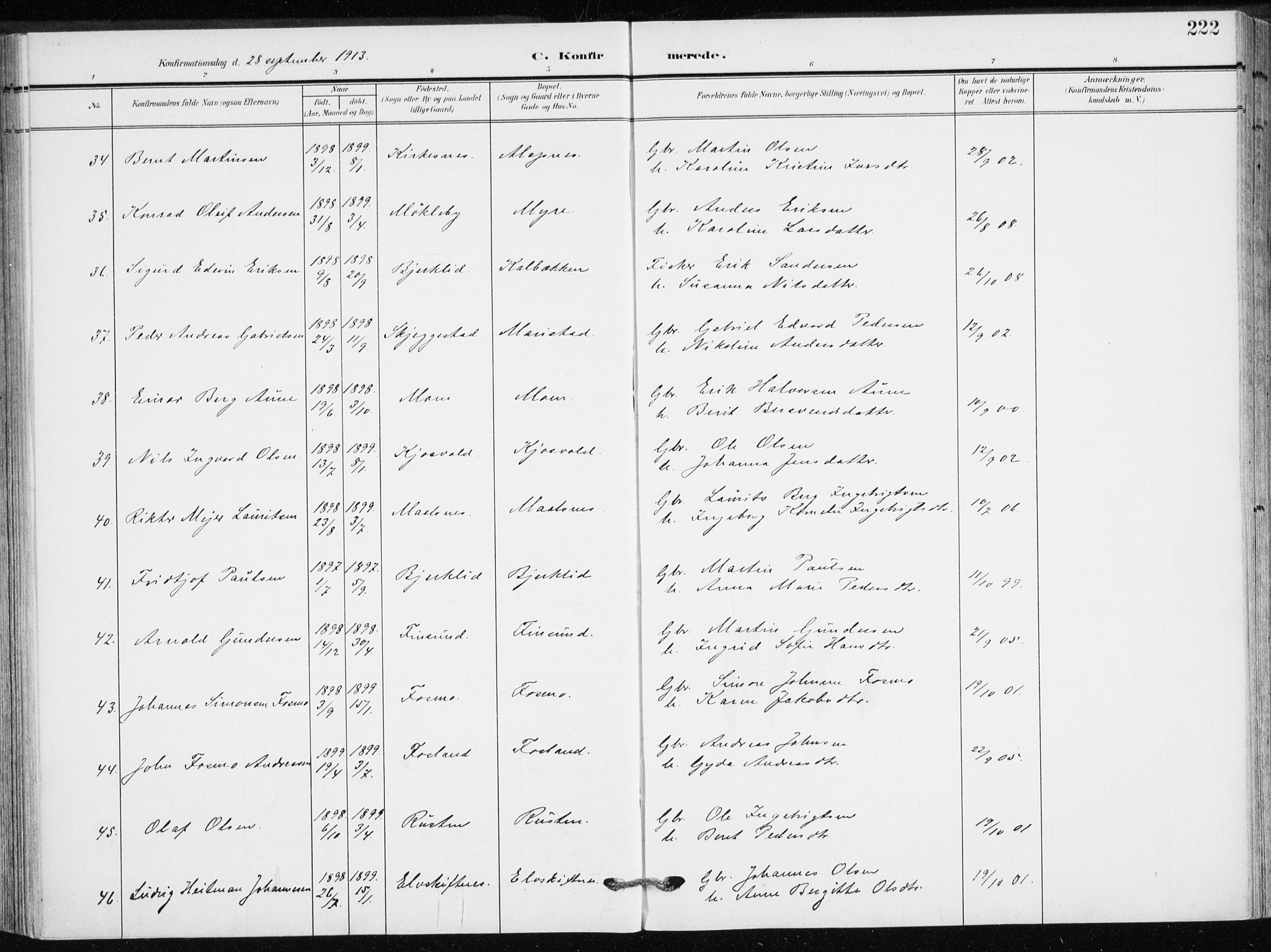 Målselv sokneprestembete, AV/SATØ-S-1311/G/Ga/Gaa/L0011kirke: Parish register (official) no. 11, 1904-1918, p. 222