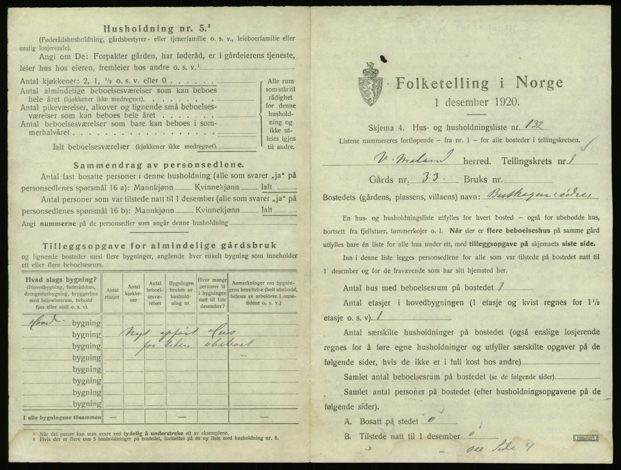 SAK, 1920 census for Vestre Moland, 1920, p. 305