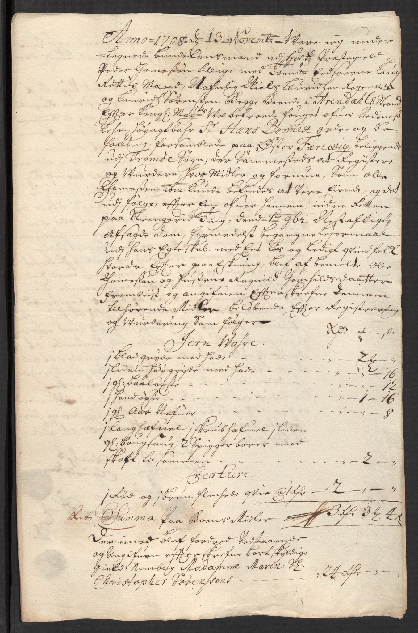 Rentekammeret inntil 1814, Reviderte regnskaper, Fogderegnskap, AV/RA-EA-4092/R39/L2318: Fogderegnskap Nedenes, 1706-1709, p. 272