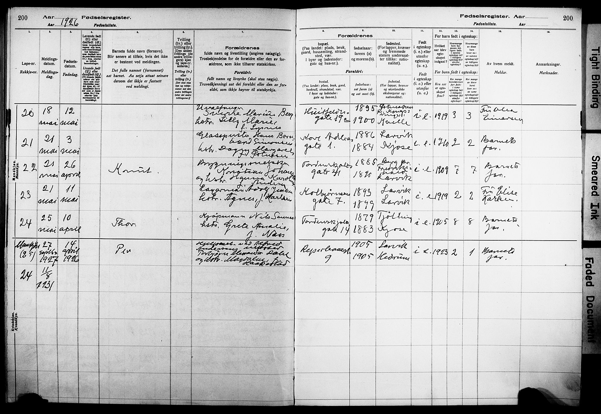 Larvik kirkebøker, AV/SAKO-A-352/J/Ja/L0001: Birth register no. I 1, 1916-1926, p. 200