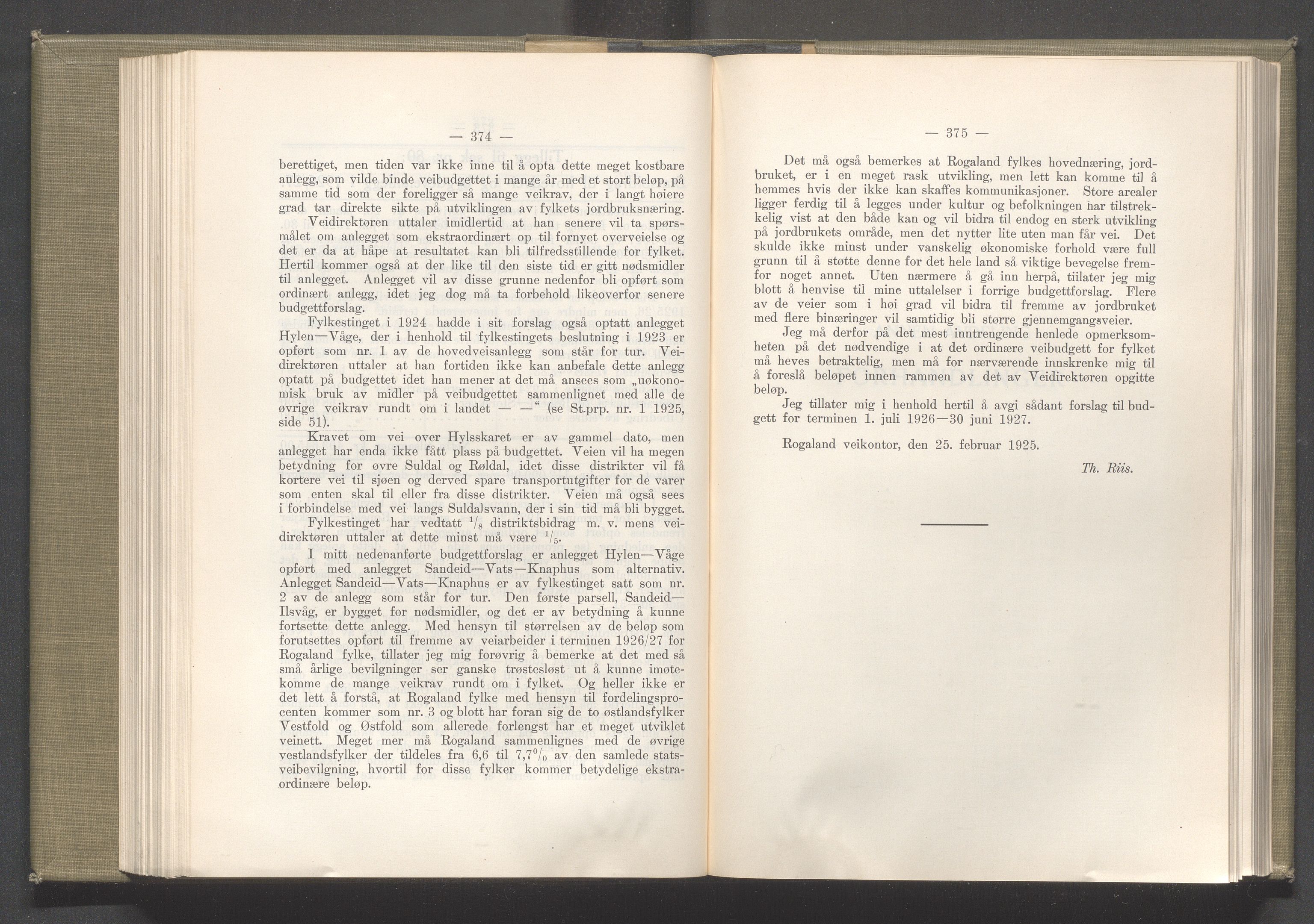 Rogaland fylkeskommune - Fylkesrådmannen , IKAR/A-900/A/Aa/Aaa/L0044: Møtebok , 1925, p. 374-375