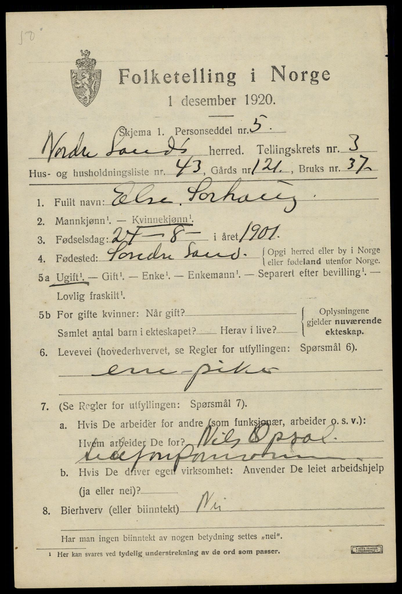 SAH, 1920 census for Nordre Land, 1920, p. 2850