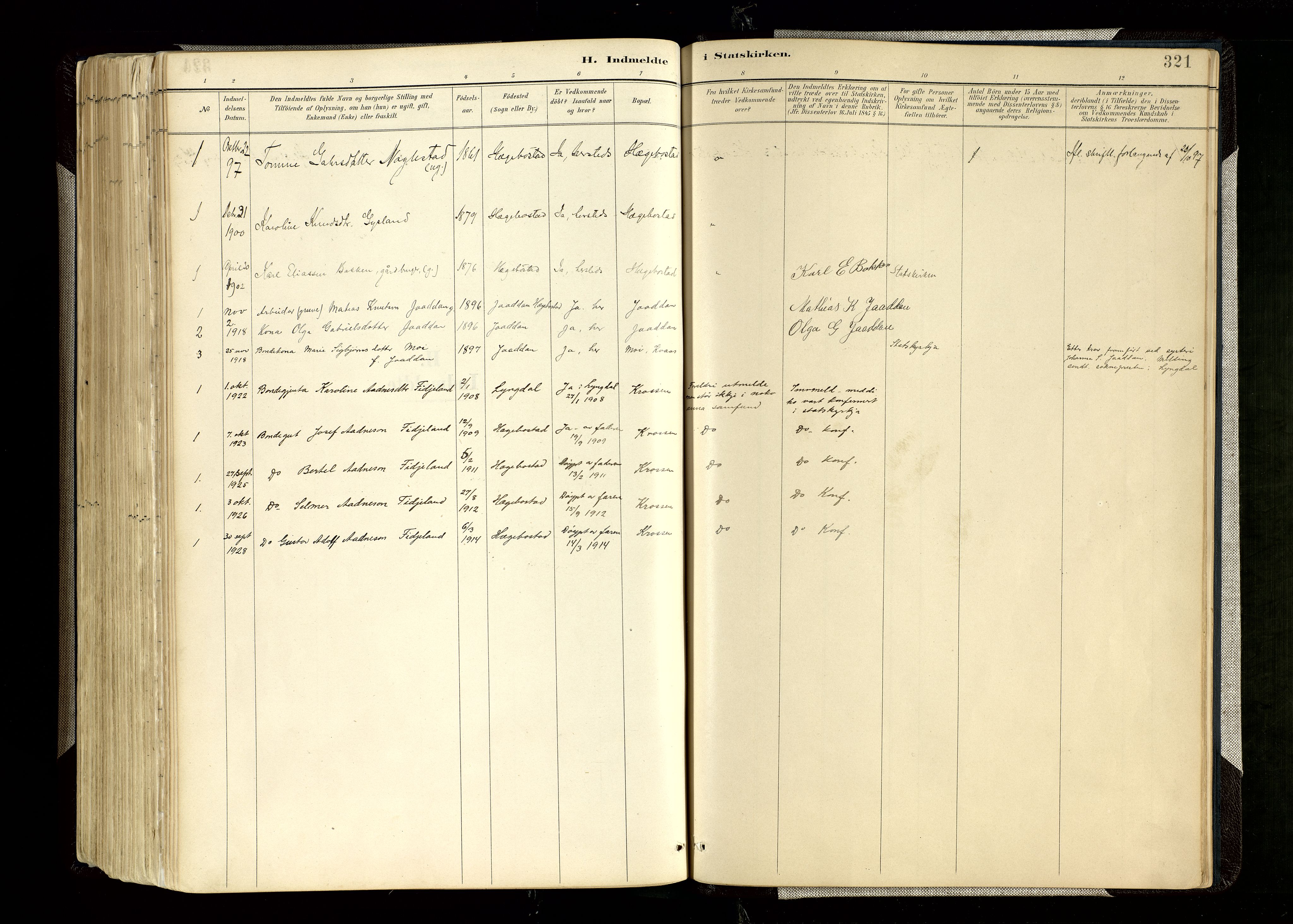 Hægebostad sokneprestkontor, SAK/1111-0024/F/Fa/Faa/L0006: Parish register (official) no. A 6, 1887-1929, p. 321
