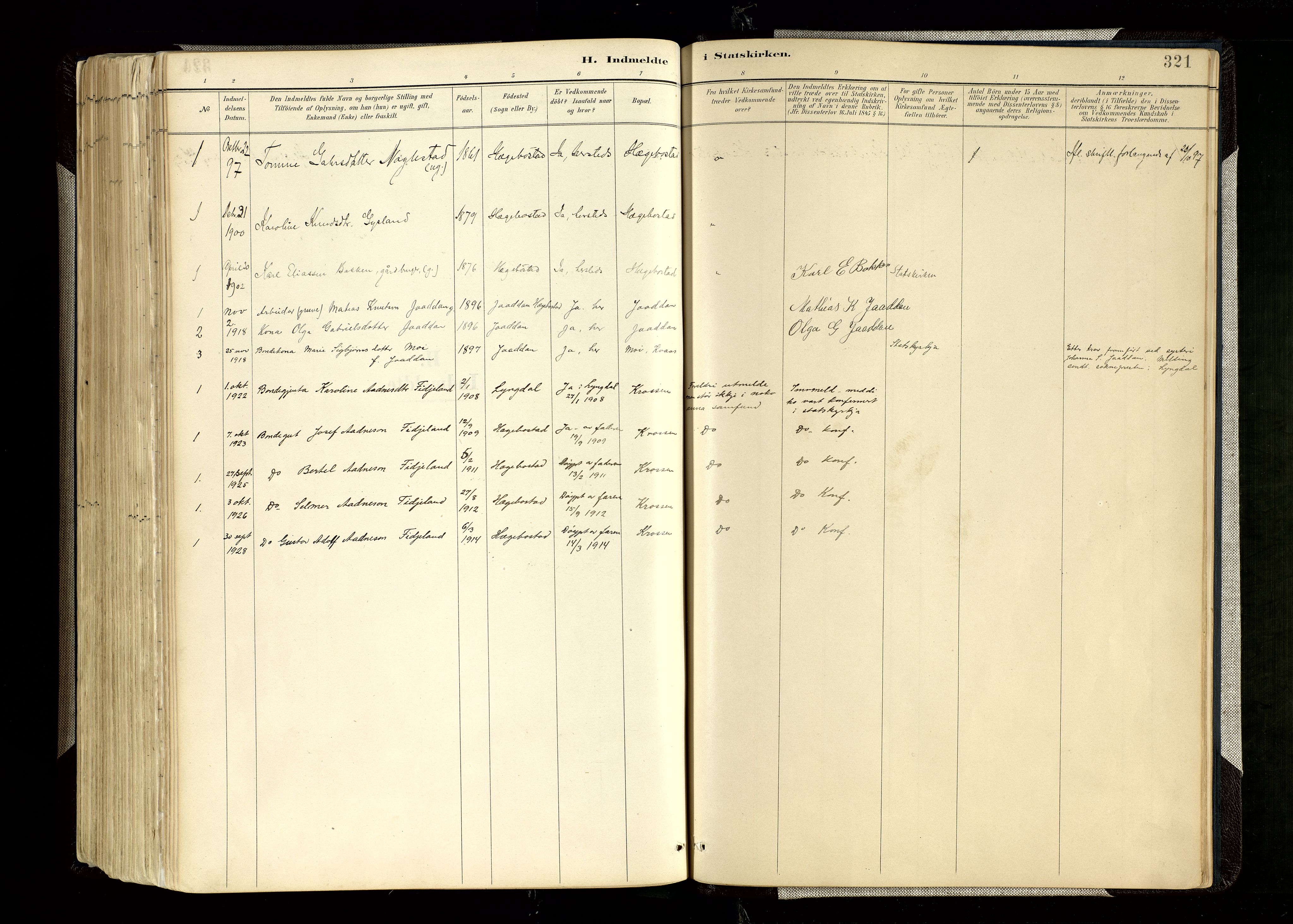 Hægebostad sokneprestkontor, AV/SAK-1111-0024/F/Fa/Faa/L0006: Parish register (official) no. A 6, 1887-1929, p. 321