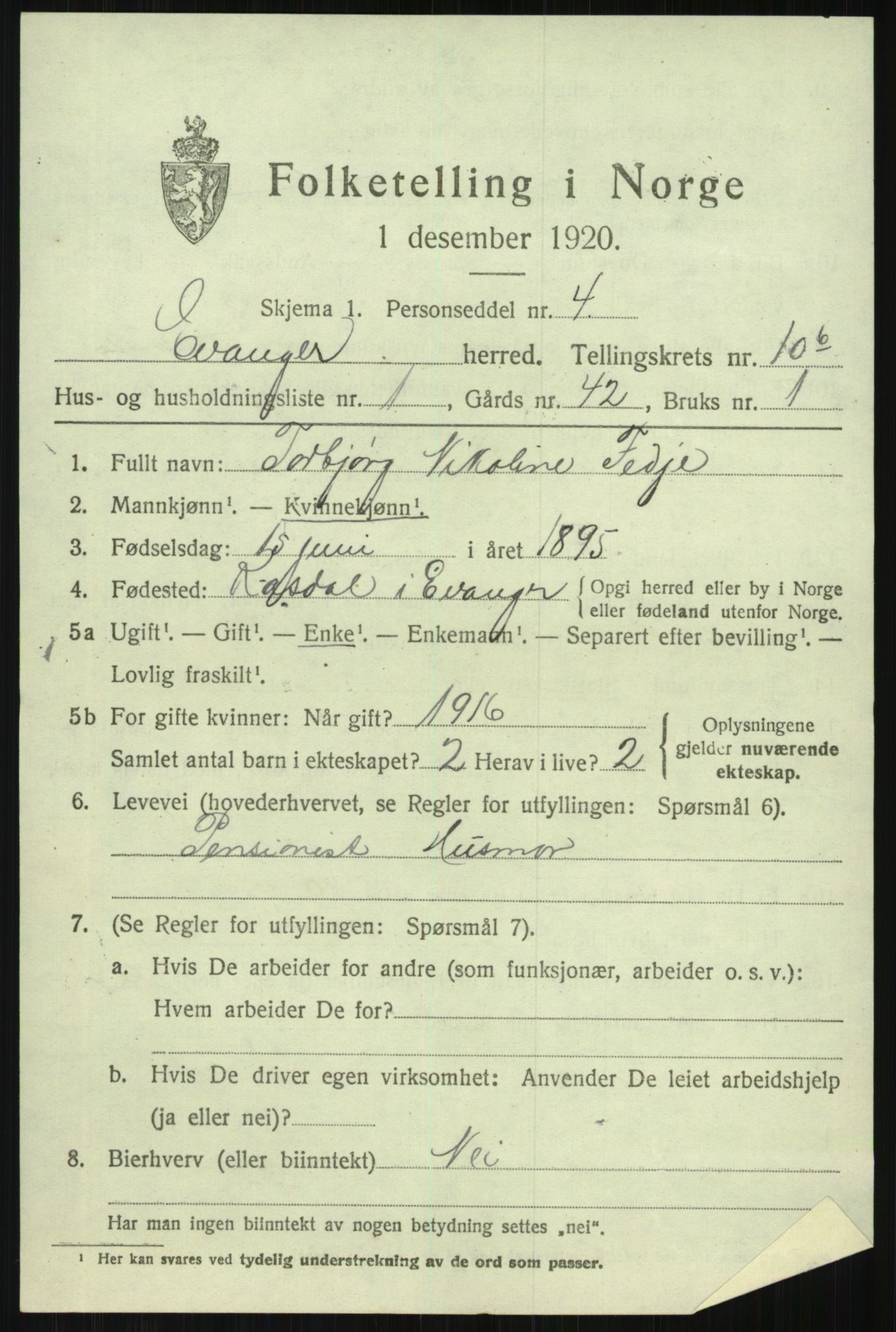 SAB, 1920 census for Evanger, 1920, p. 3355