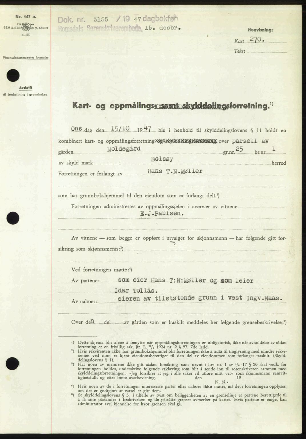 Romsdal sorenskriveri, SAT/A-4149/1/2/2C: Mortgage book no. A24, 1947-1947, Diary no: : 3155/1947
