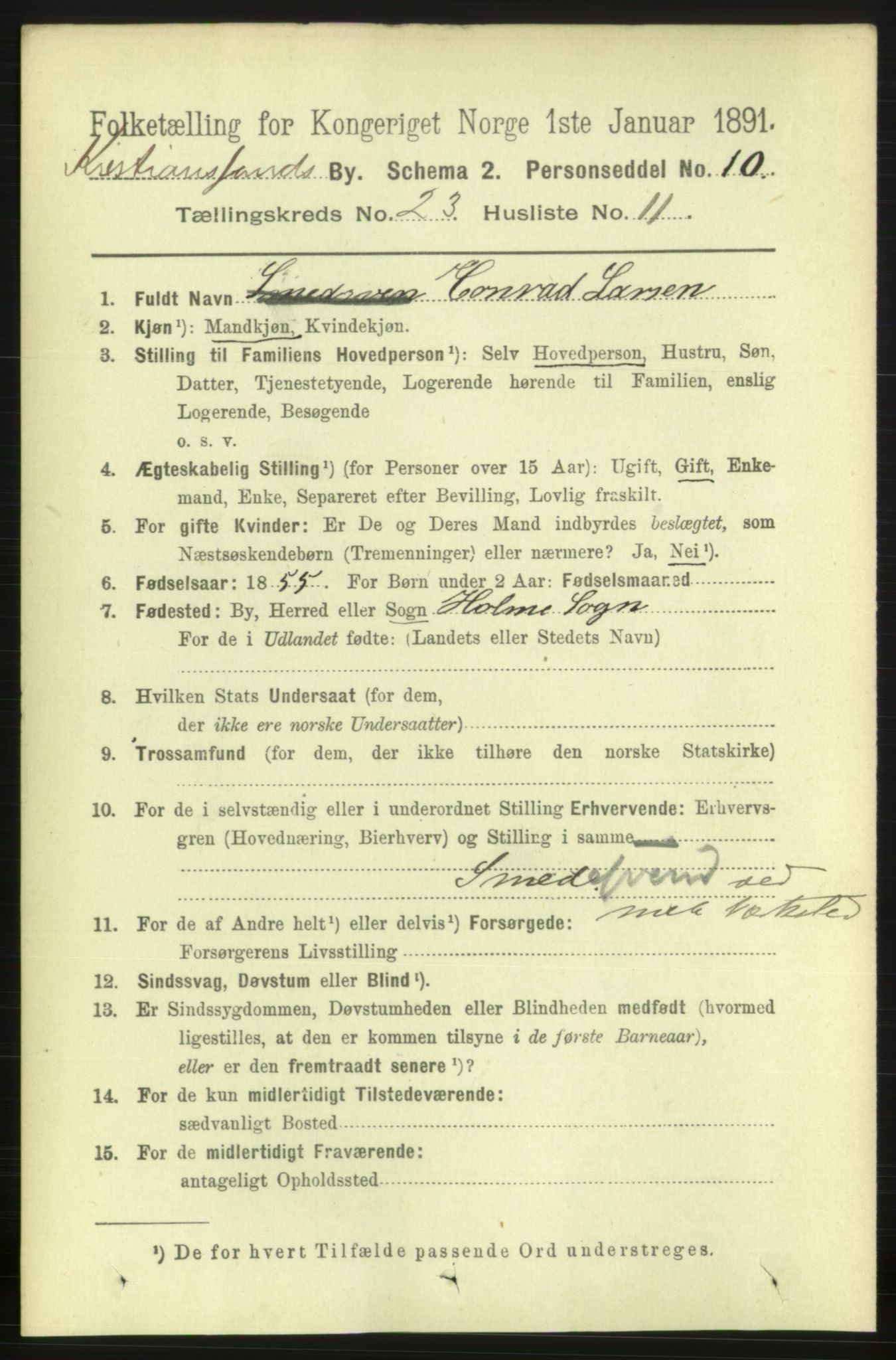 RA, 1891 census for 1001 Kristiansand, 1891, p. 8535