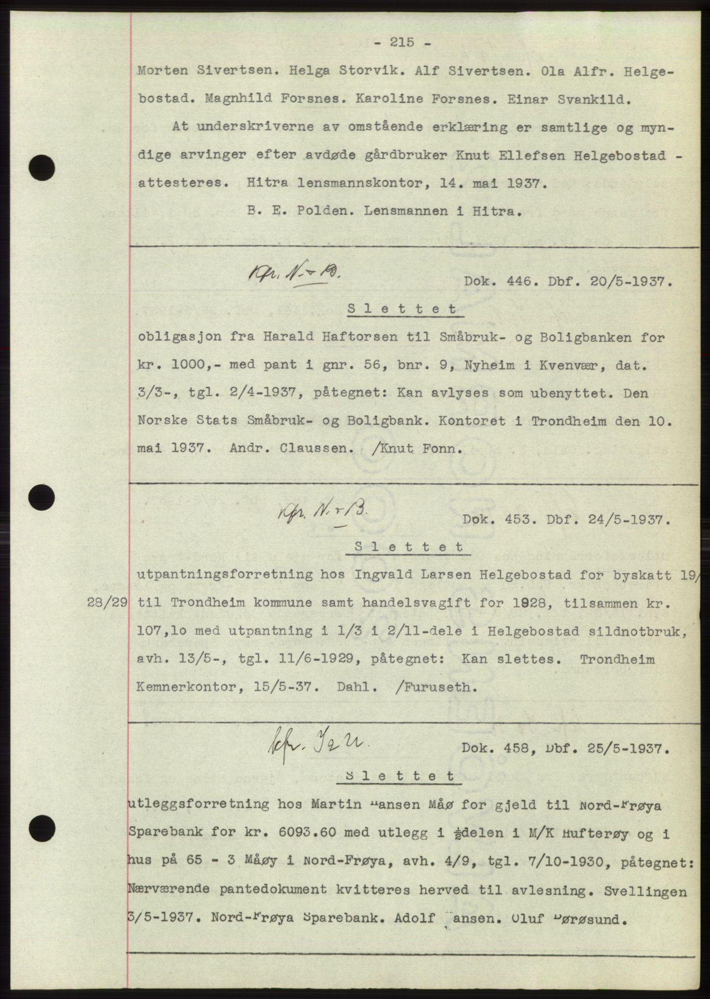 Hitra sorenskriveri, AV/SAT-A-0018/2/2C/2Ca: Mortgage book no. C1, 1936-1945, Diary no: : 446/1937