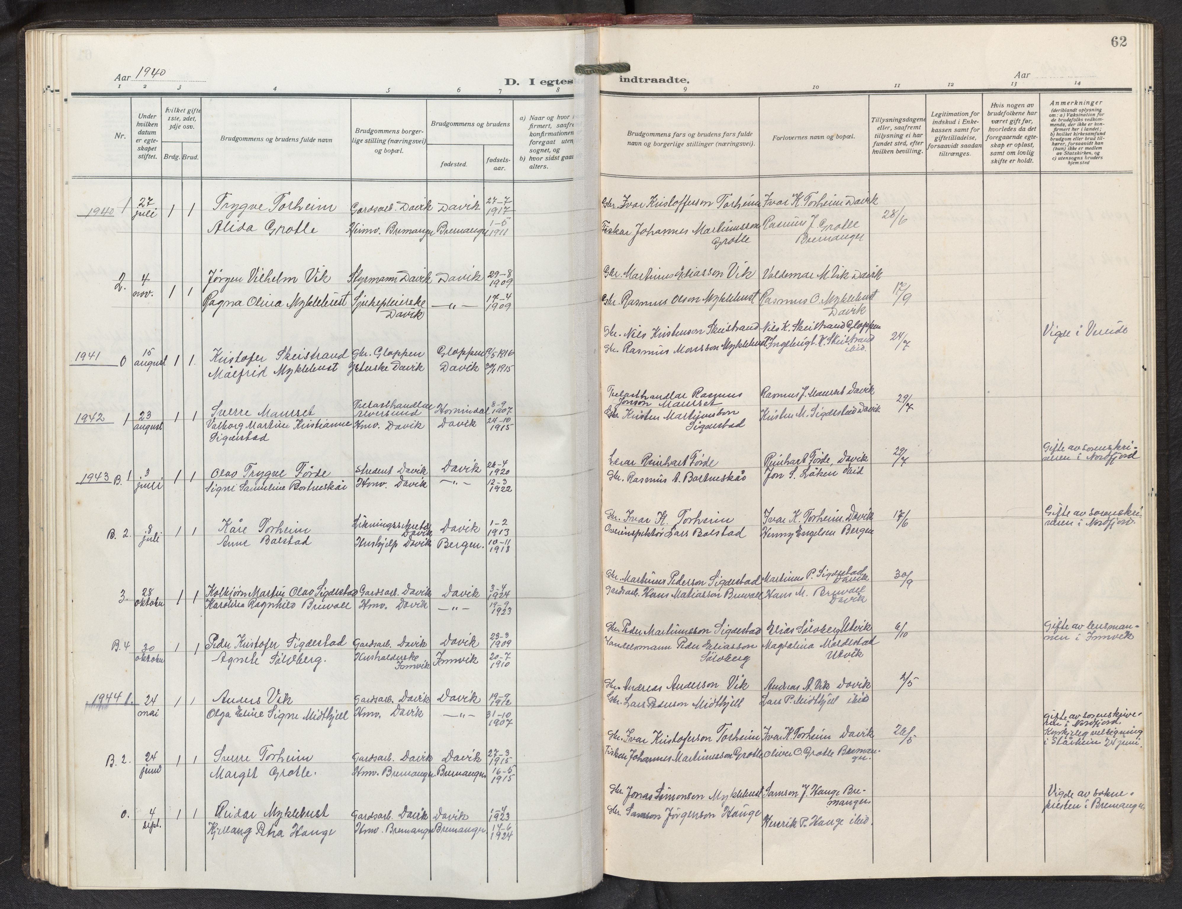 Davik sokneprestembete, AV/SAB-A-79701/H/Hab/Habd/L0003: Parish register (copy) no. D 3, 1917-1953, p. 61b-62a