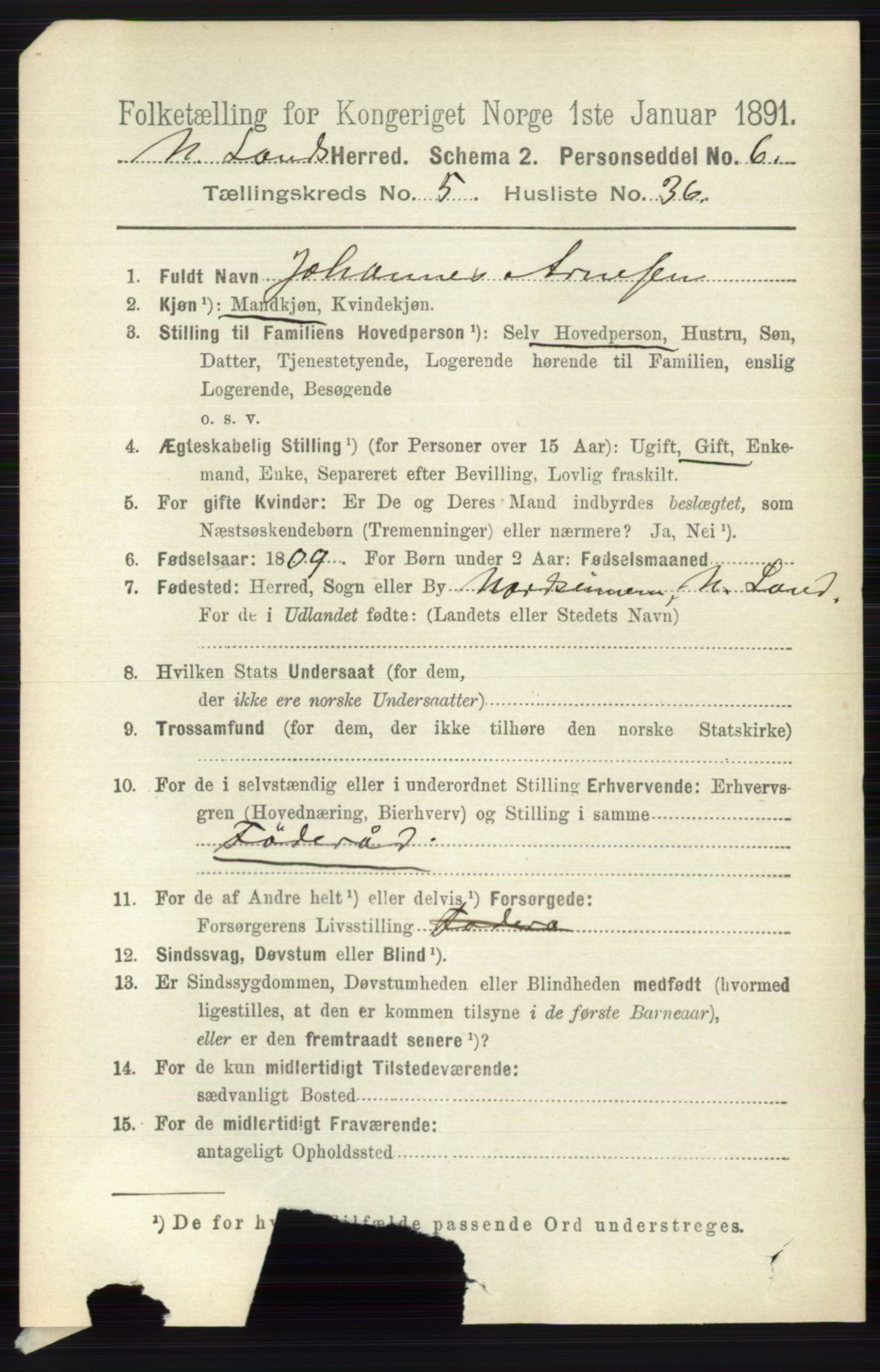 RA, 1891 census for 0538 Nordre Land, 1891, p. 1762