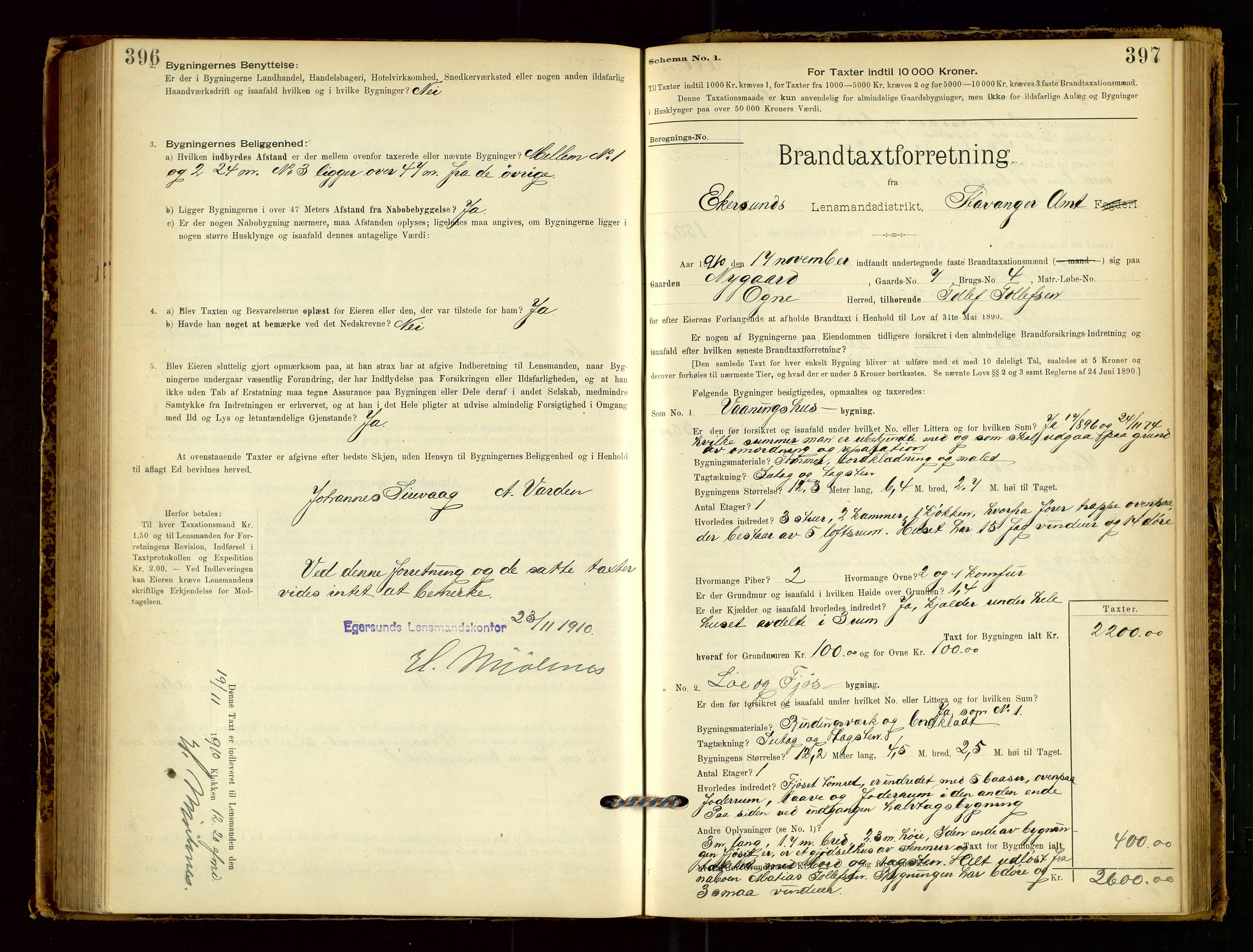 Eigersund lensmannskontor, SAST/A-100171/Gob/L0001: Skjemaprotokoll, 1894-1909, p. 396-397