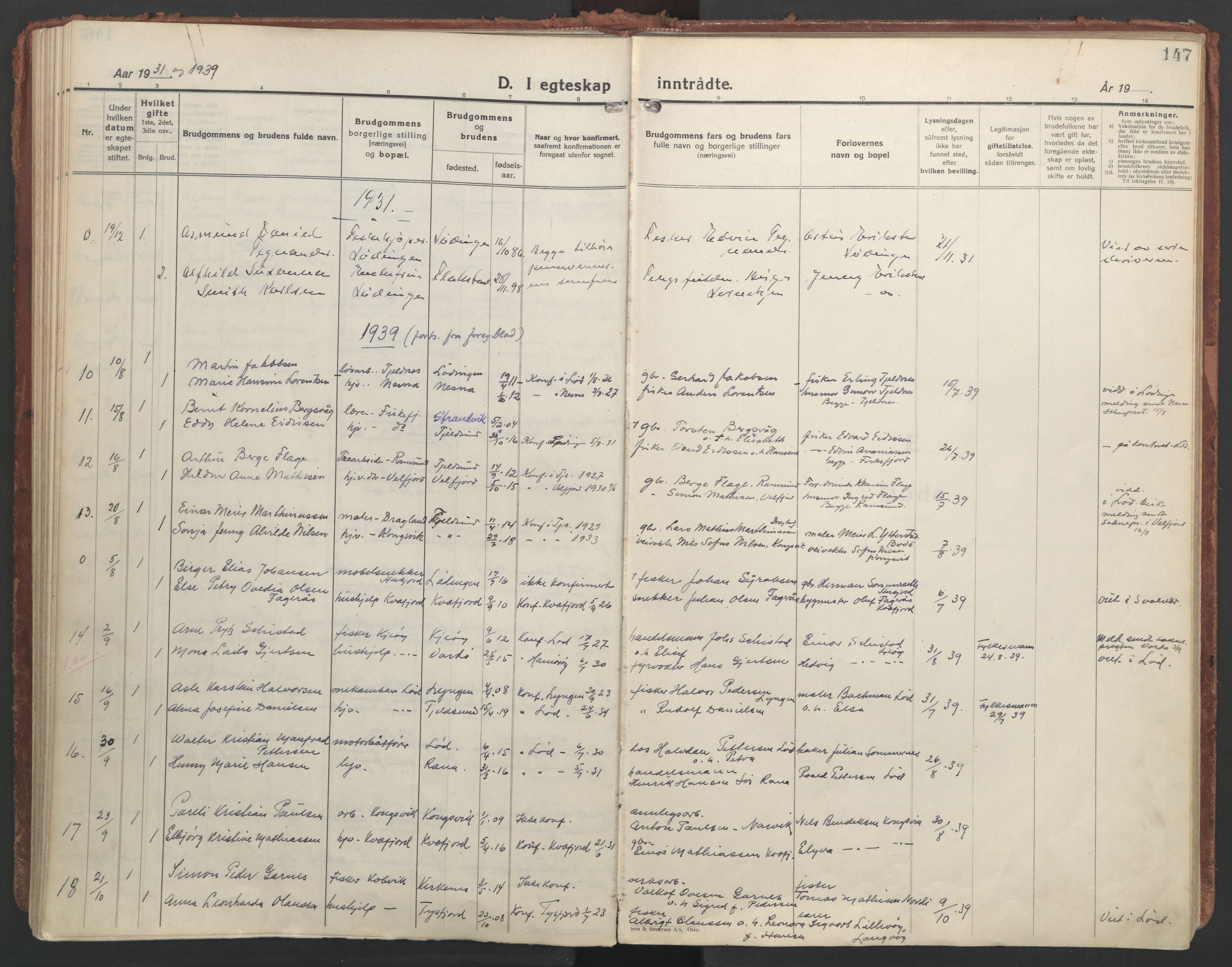 Ministerialprotokoller, klokkerbøker og fødselsregistre - Nordland, AV/SAT-A-1459/872/L1043: Parish register (official) no. 872A18, 1925-1939, p. 147