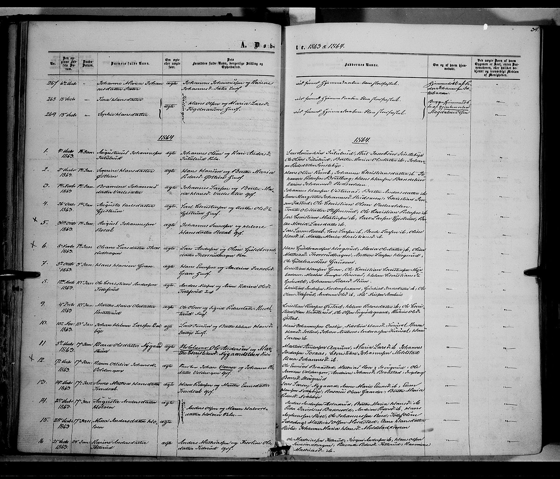 Vestre Toten prestekontor, AV/SAH-PREST-108/H/Ha/Haa/L0007: Parish register (official) no. 7, 1862-1869, p. 34