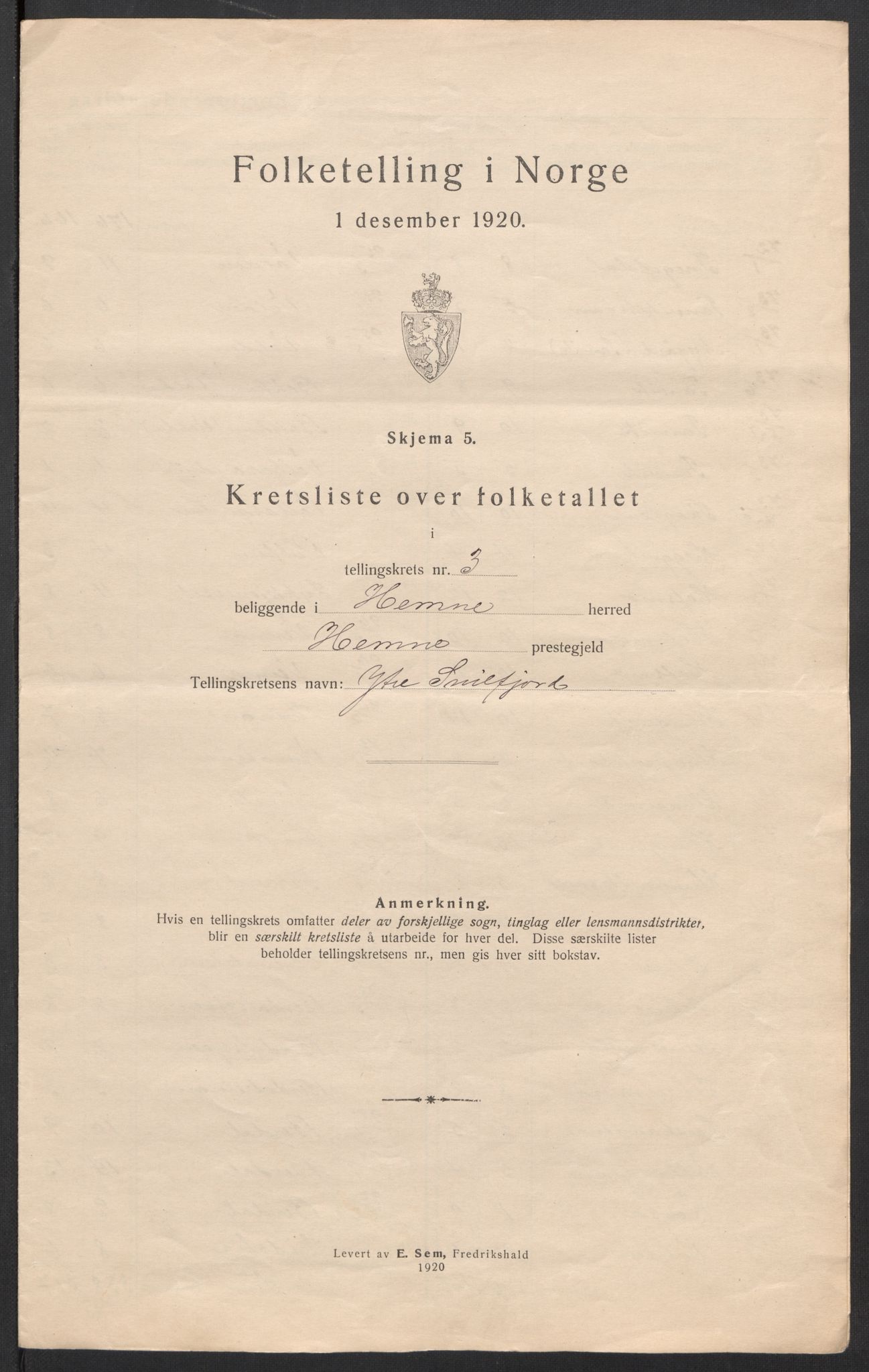SAT, 1920 census for Hemne, 1920, p. 12