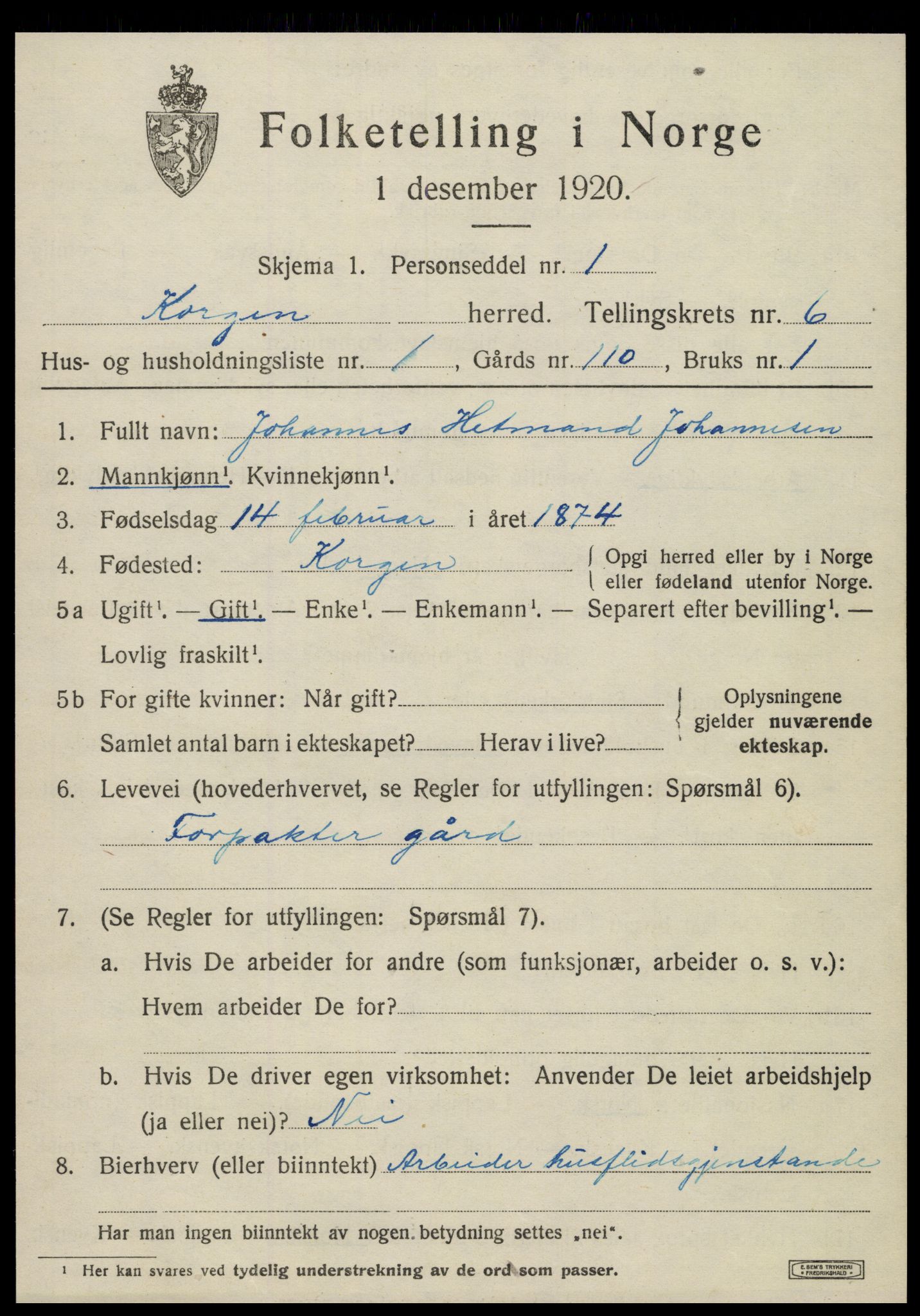 SAT, 1920 census for Korgen, 1920, p. 2412