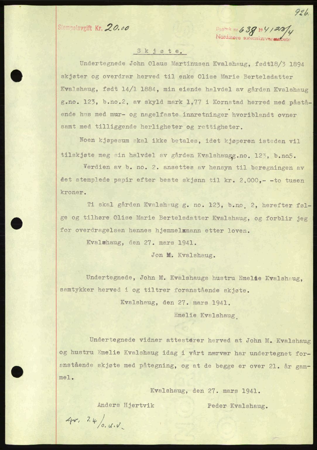 Nordmøre sorenskriveri, SAT/A-4132/1/2/2Ca: Mortgage book no. A89, 1940-1941, Diary no: : 638/1941