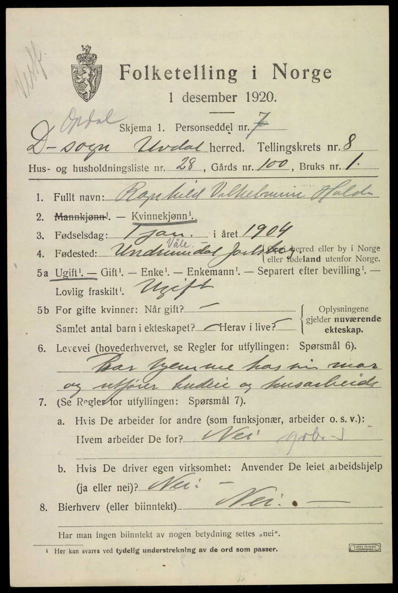 SAKO, 1920 census for Uvdal, 1920, p. 3427