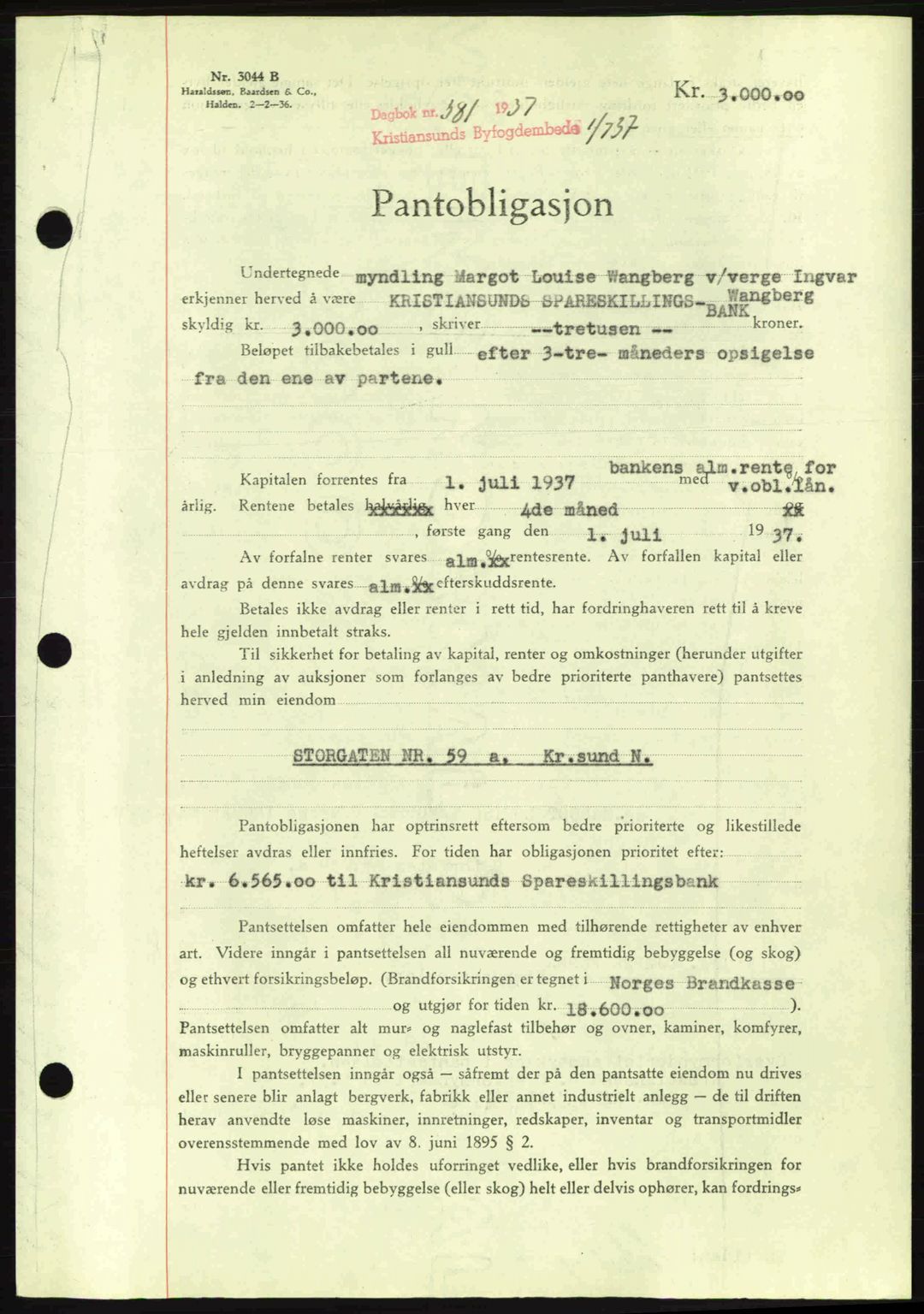 Kristiansund byfogd, AV/SAT-A-4587/A/27: Mortgage book no. 29, 1936-1937, Diary no: : 381/1937