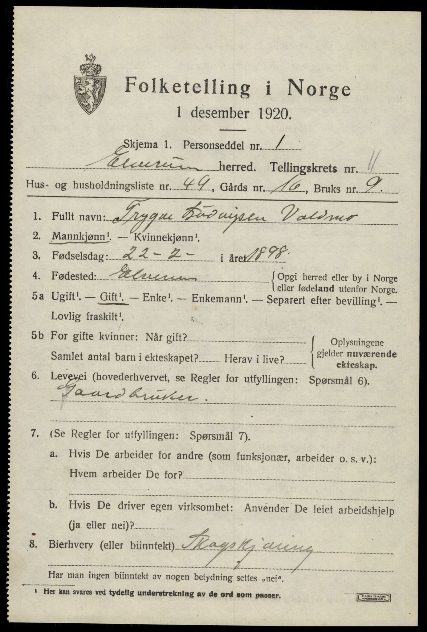 SAH, 1920 census for Elverum, 1920, p. 16886