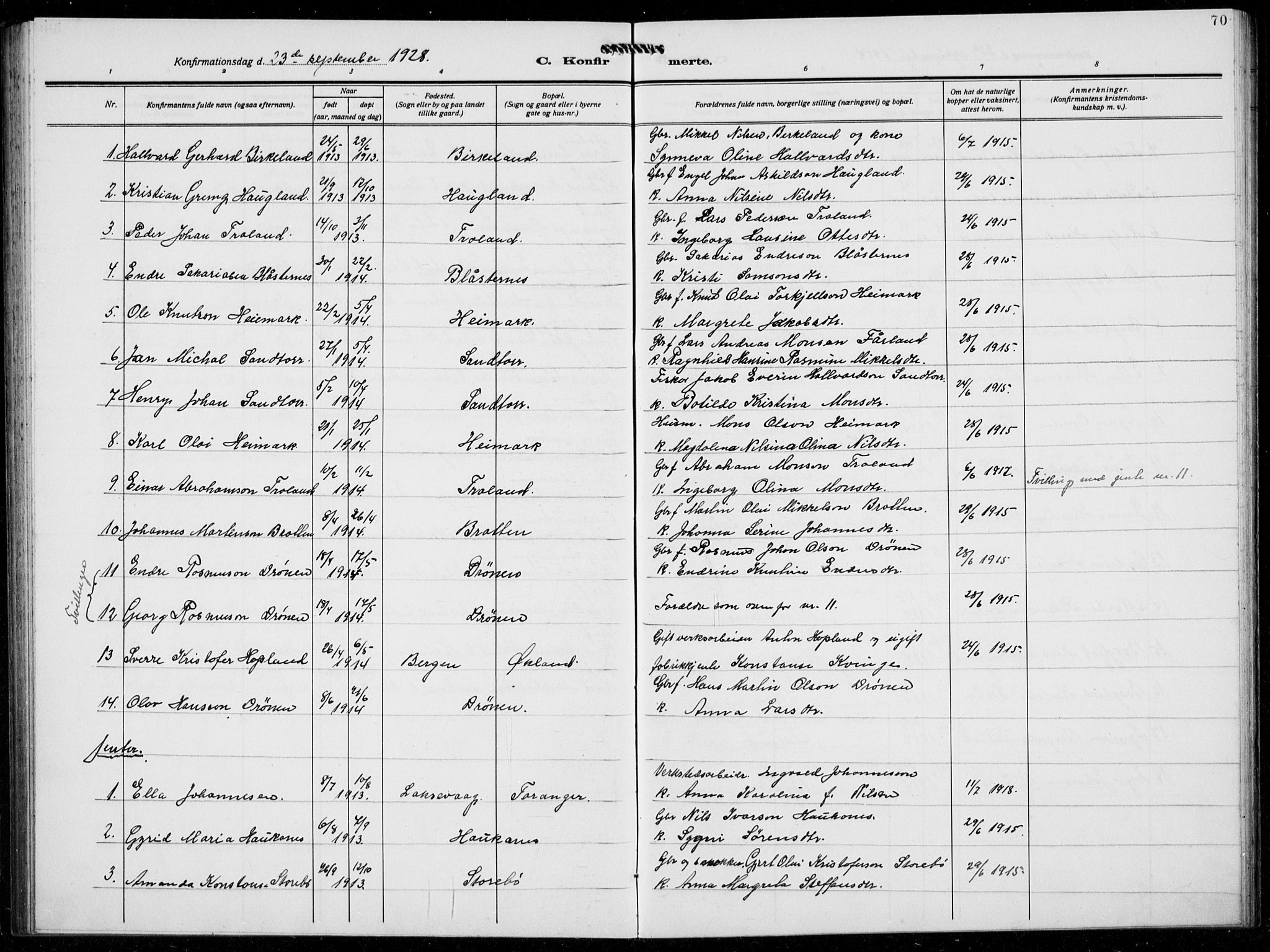 Austevoll sokneprestembete, AV/SAB-A-74201/H/Ha/Hab/Haba/L0006: Parish register (copy) no. A  6, 1925-1938, p. 70