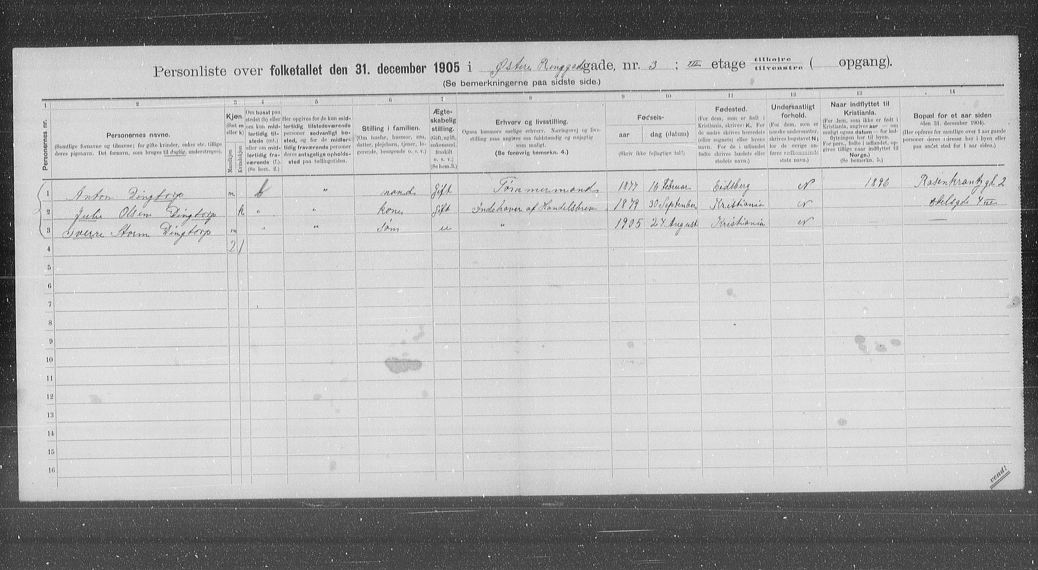 OBA, Municipal Census 1905 for Kristiania, 1905, p. 68043