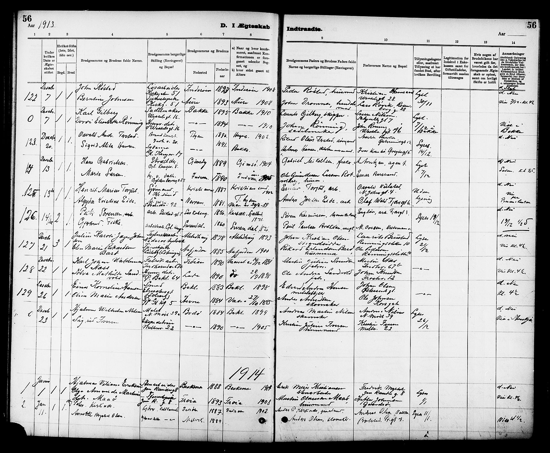 Ministerialprotokoller, klokkerbøker og fødselsregistre - Sør-Trøndelag, SAT/A-1456/605/L0255: Parish register (copy) no. 605C02, 1908-1918, p. 56