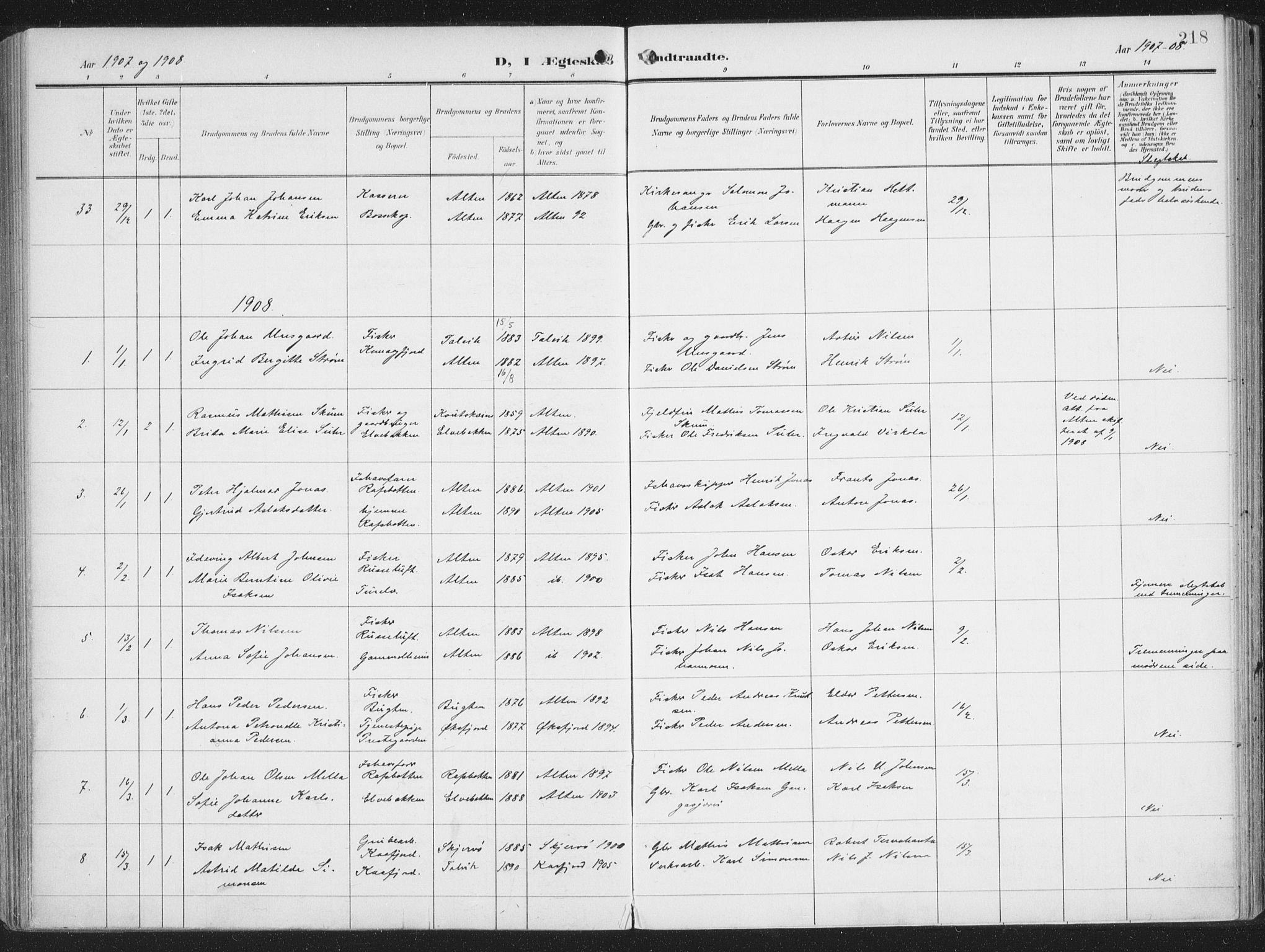 Alta sokneprestkontor, AV/SATØ-S-1338/H/Ha/L0005.kirke: Parish register (official) no. 5, 1904-1918, p. 218