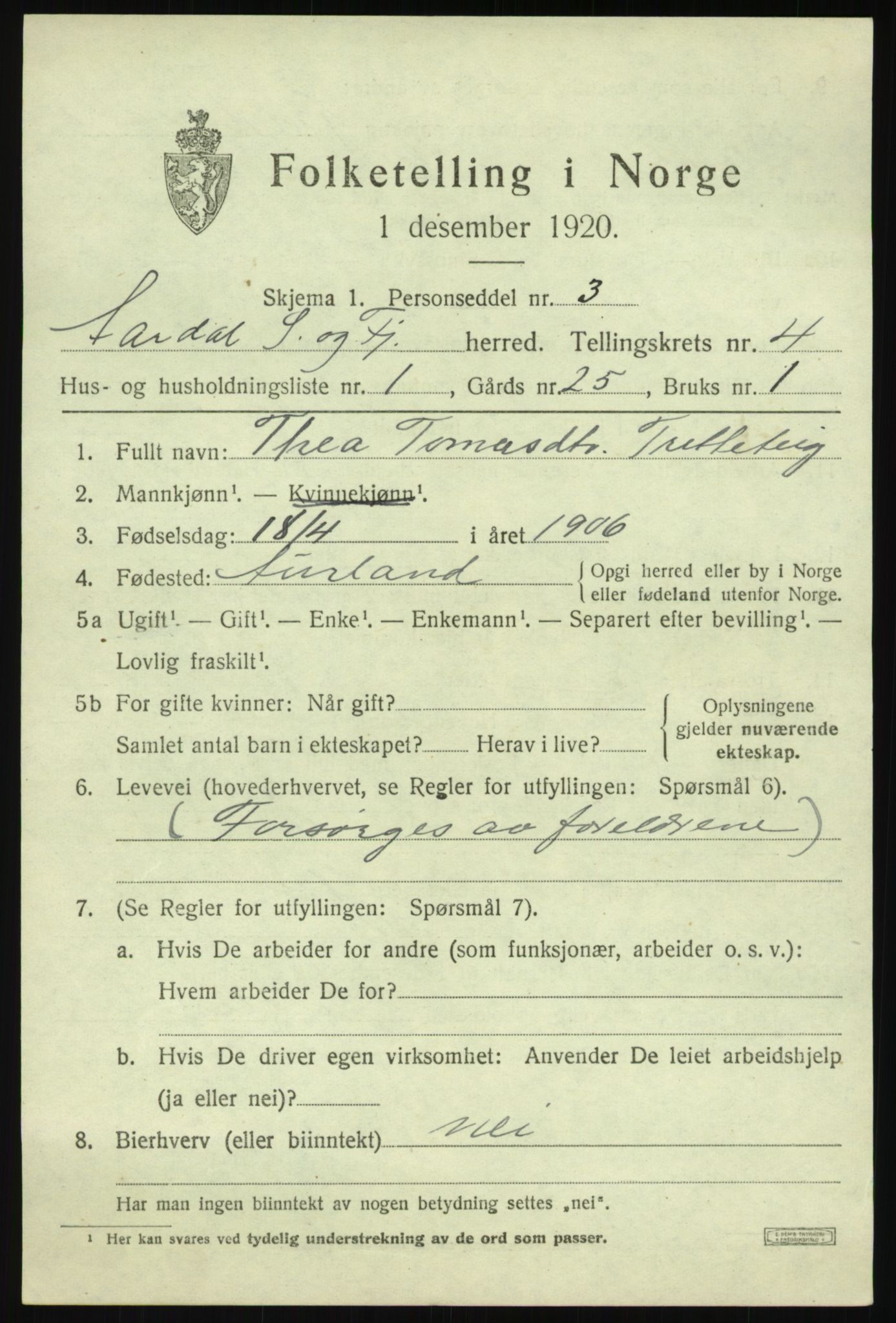 SAB, 1920 census for Årdal, 1920, p. 2611