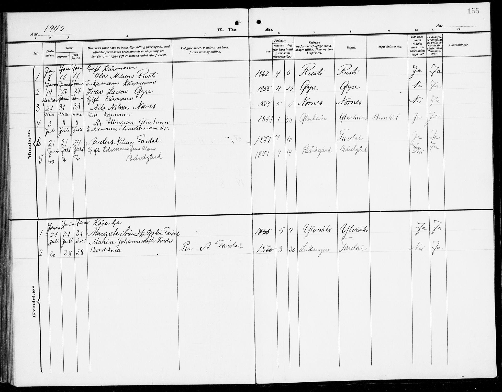 Sogndal sokneprestembete, AV/SAB-A-81301/H/Hab/Habc/L0003: Parish register (copy) no. C 3, 1911-1942, p. 155