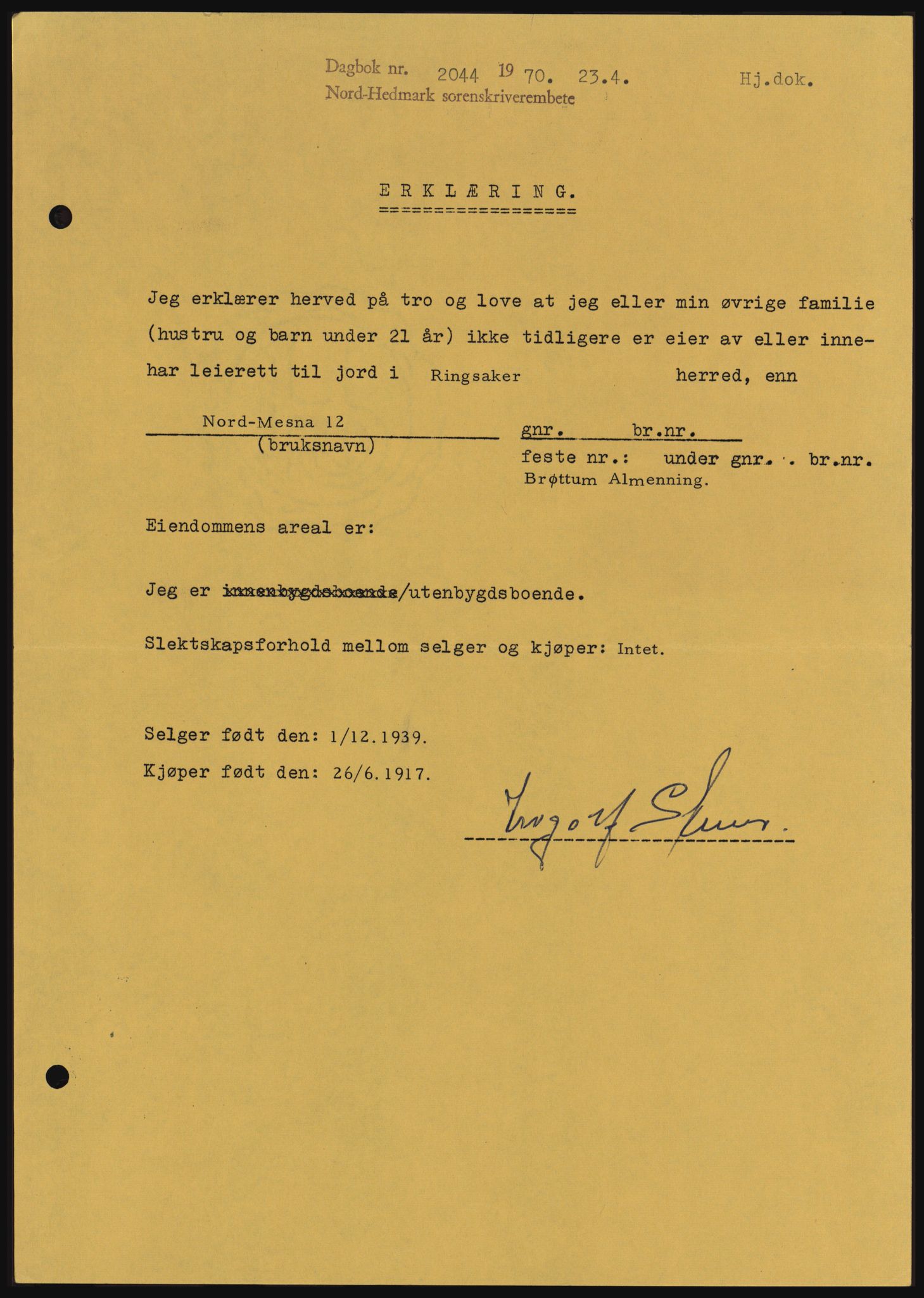 Nord-Hedmark sorenskriveri, SAH/TING-012/H/Hc/L0033: Mortgage book no. 33, 1970-1970, Diary no: : 2044/1970