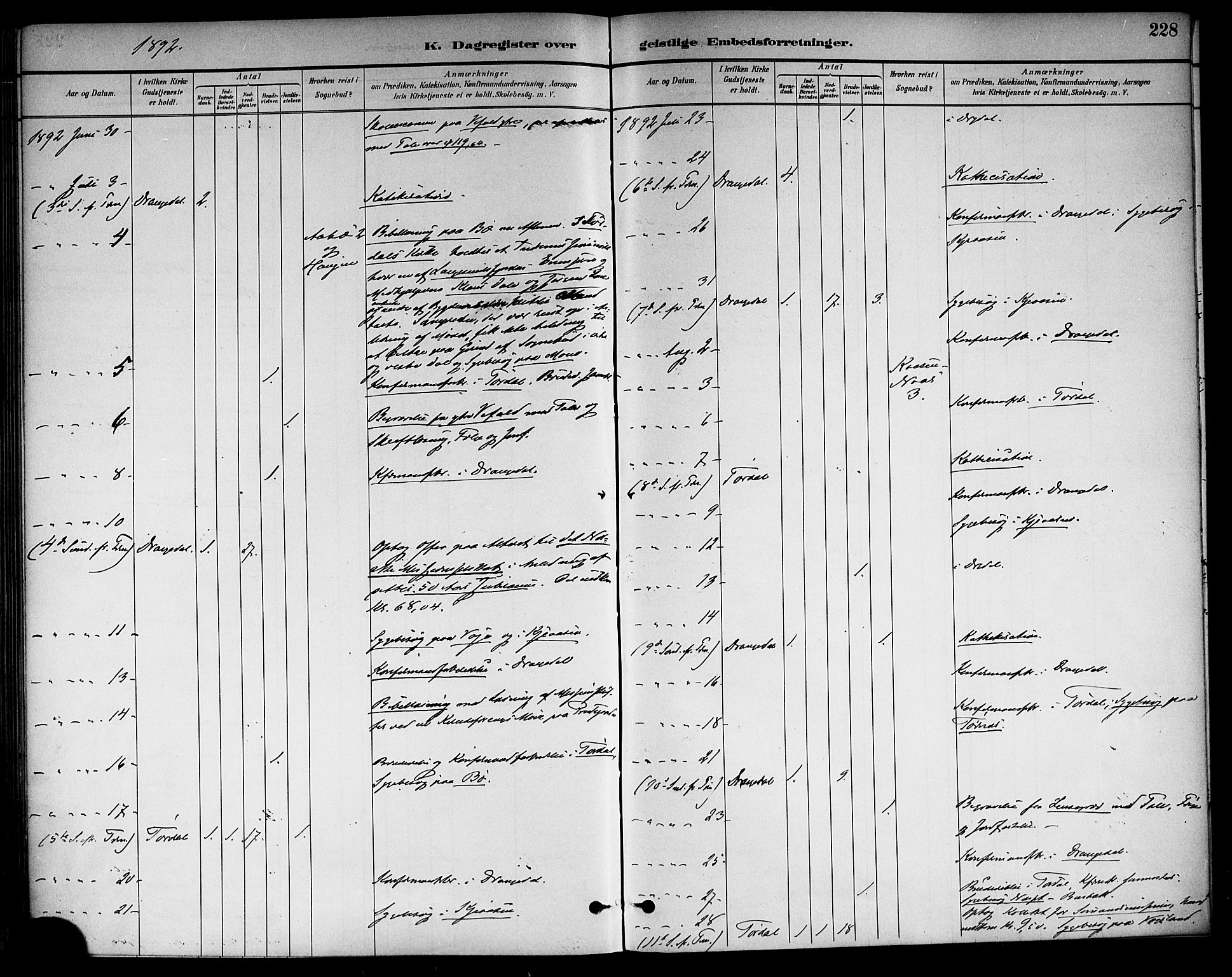 Drangedal kirkebøker, SAKO/A-258/F/Fa/L0011: Parish register (official) no. 11 /1, 1885-1894, p. 228