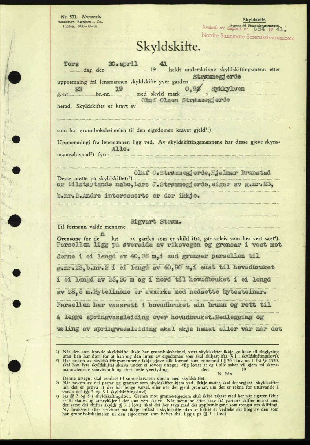 Nordre Sunnmøre sorenskriveri, AV/SAT-A-0006/1/2/2C/2Ca: Mortgage book no. A10, 1940-1941, Diary no: : 584/1941