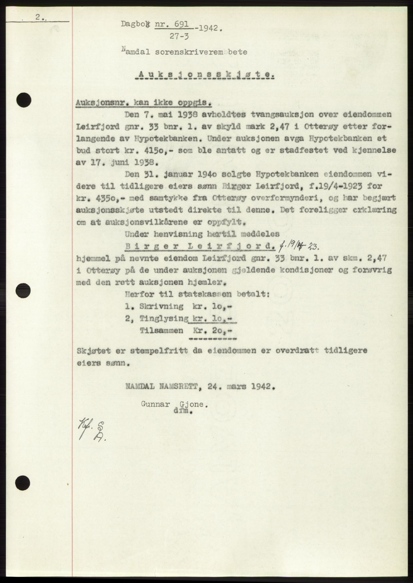 Namdal sorenskriveri, SAT/A-4133/1/2/2C: Mortgage book no. -, 1941-1942, Diary no: : 691/1942