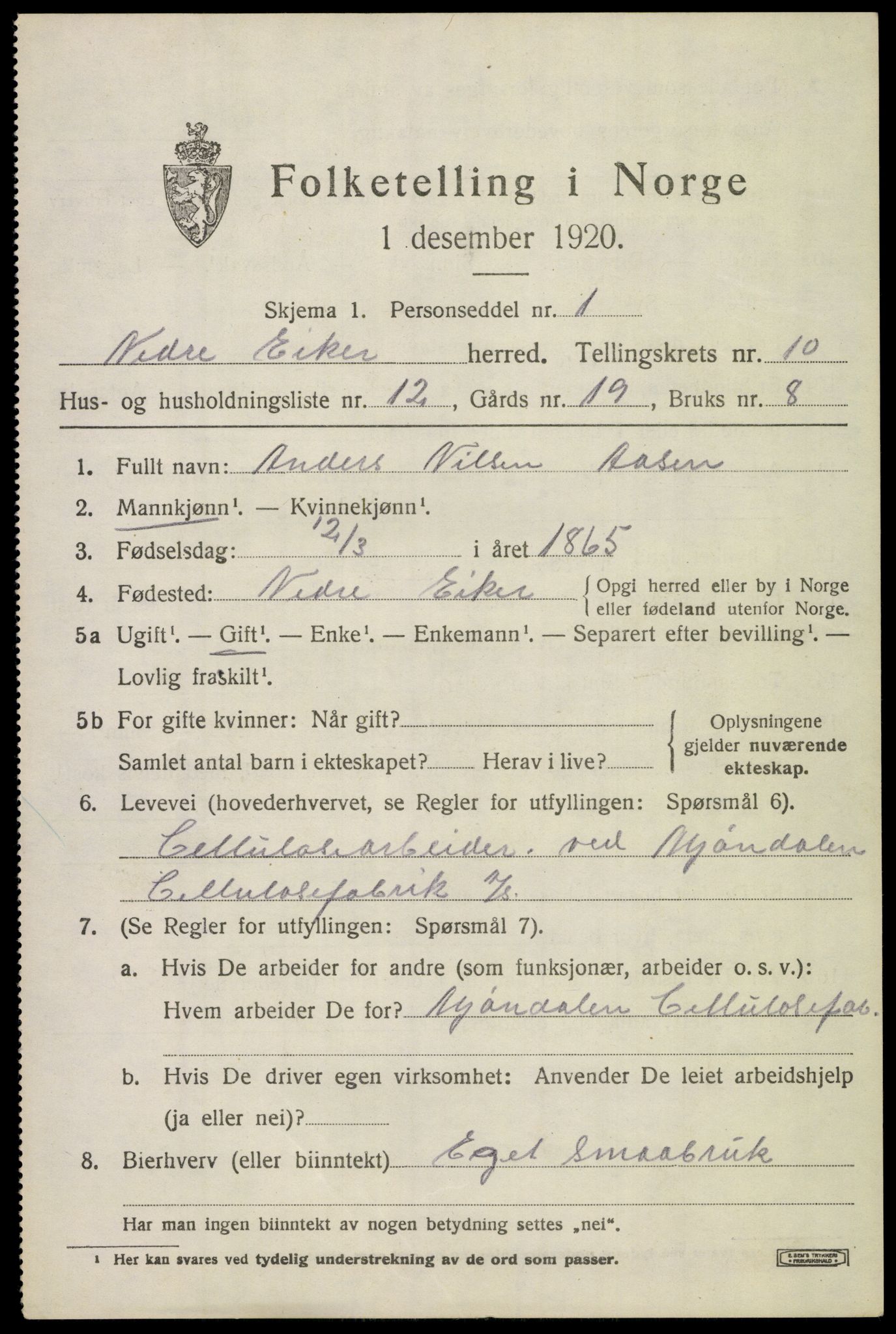 SAKO, 1920 census for Nedre Eiker, 1920, p. 10025