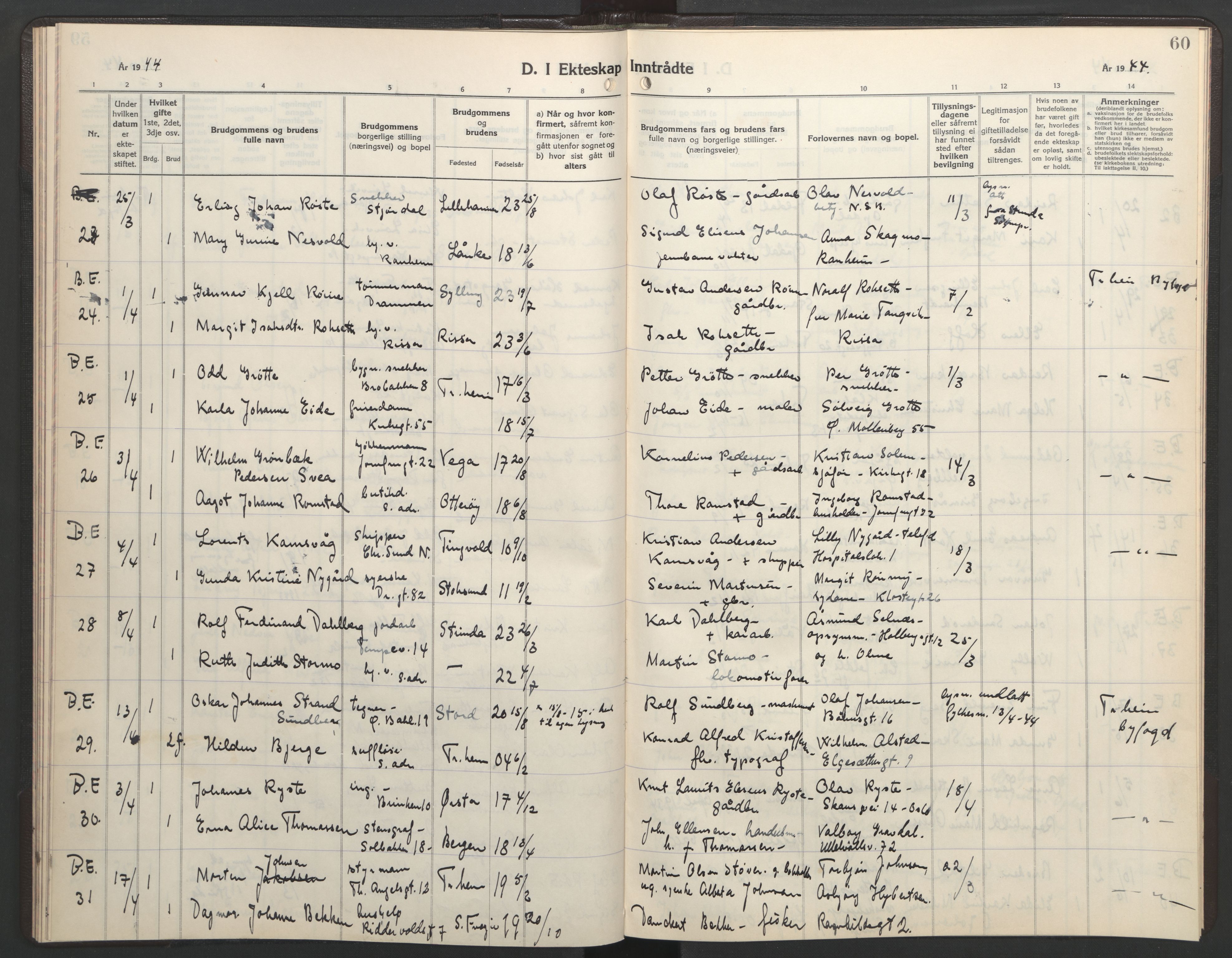 Ministerialprotokoller, klokkerbøker og fødselsregistre - Sør-Trøndelag, AV/SAT-A-1456/602/L0154: Parish register (copy) no. 602C22, 1940-1947, p. 60