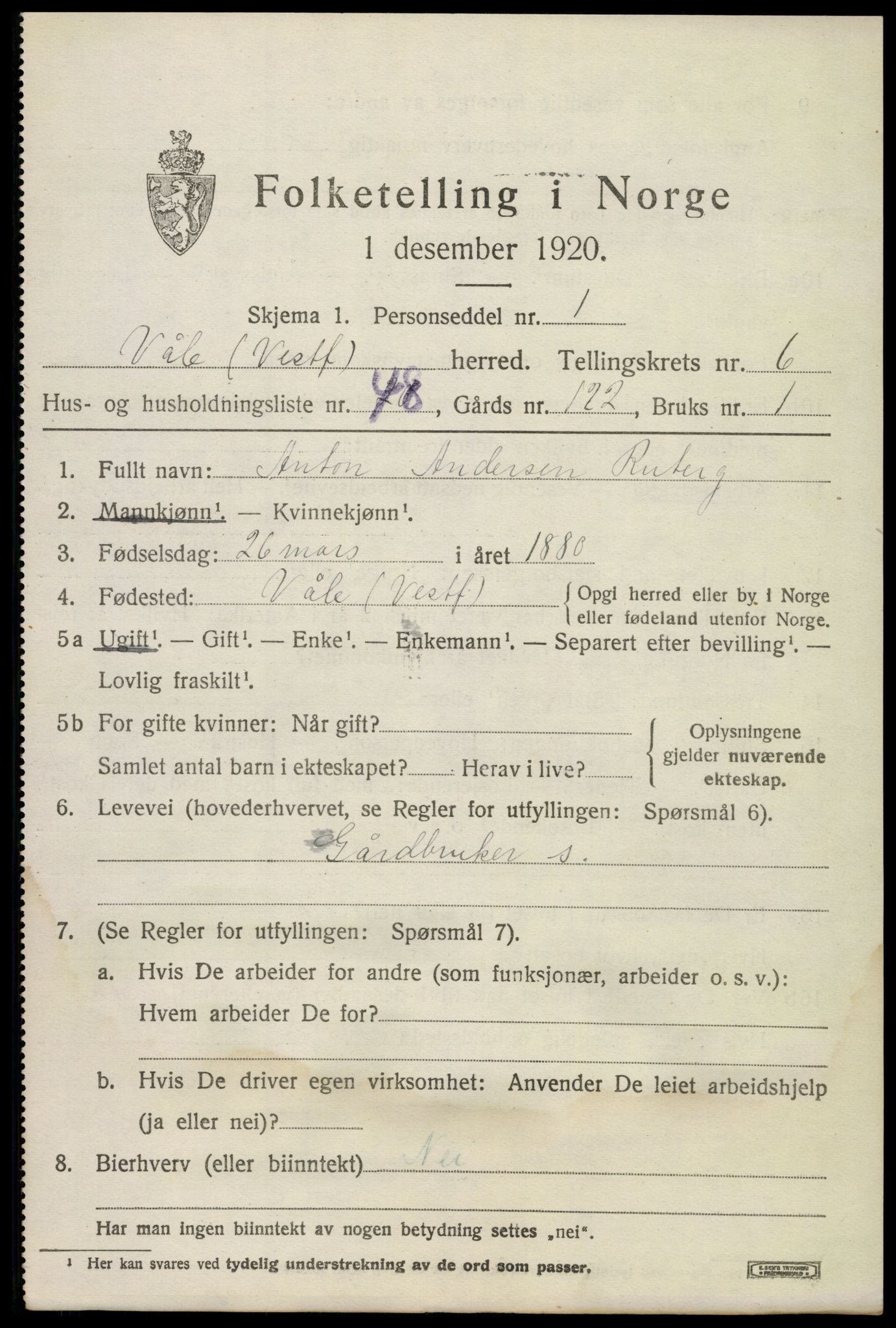 SAKO, 1920 census for Våle, 1920, p. 5458