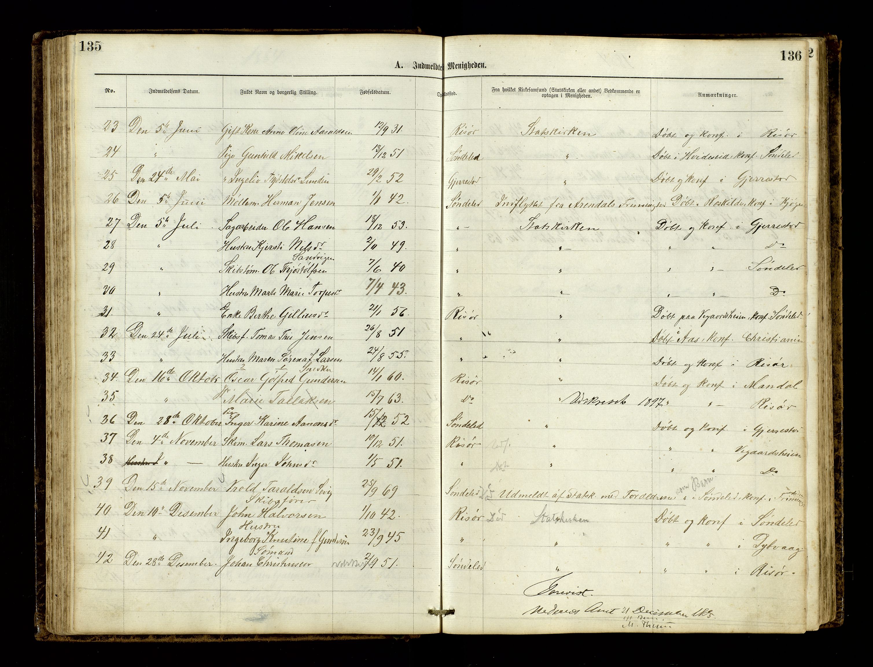 Den evangelisk-lutherske frimenighet, Risør, AV/SAK-1292-0007/F/Fa/L0001: Dissenter register no. F 17, 1877-1892, p. 135-136