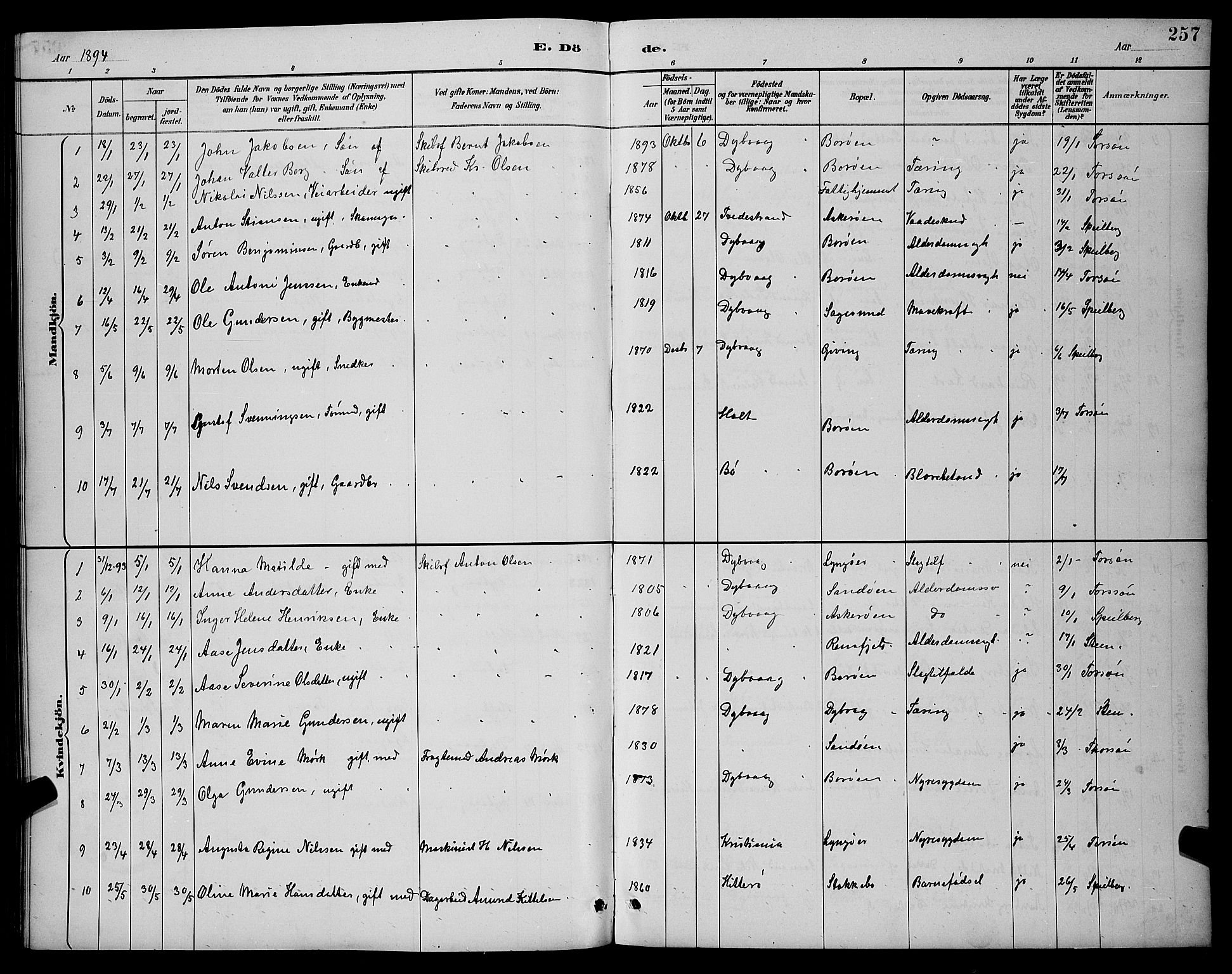 Dypvåg sokneprestkontor, AV/SAK-1111-0007/F/Fb/Fba/L0013: Parish register (copy) no. B 13, 1887-1900, p. 257