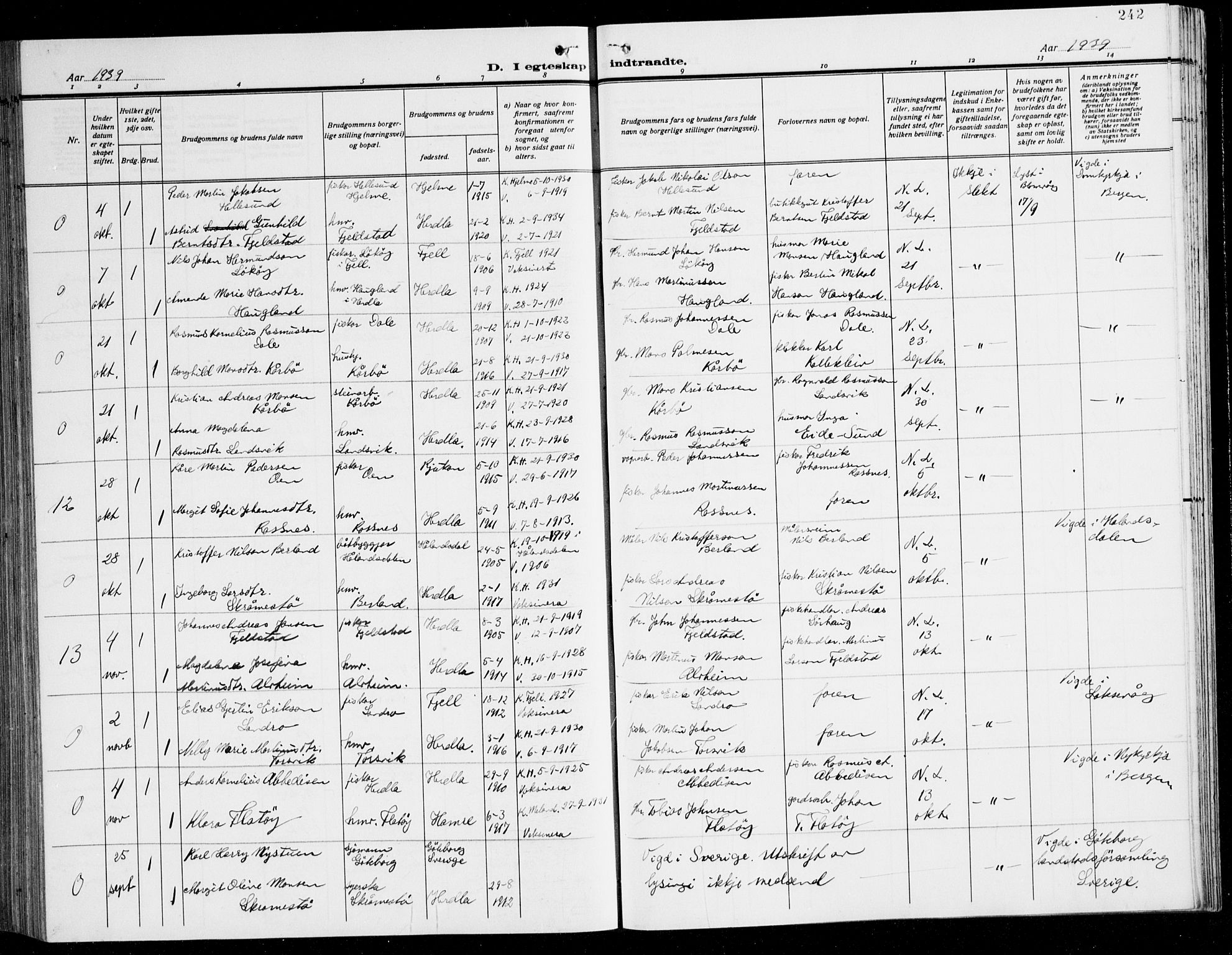 Herdla Sokneprestembete, SAB/A-75701/H/Hab: Parish register (copy) no. C 3, 1926-1940, p. 242