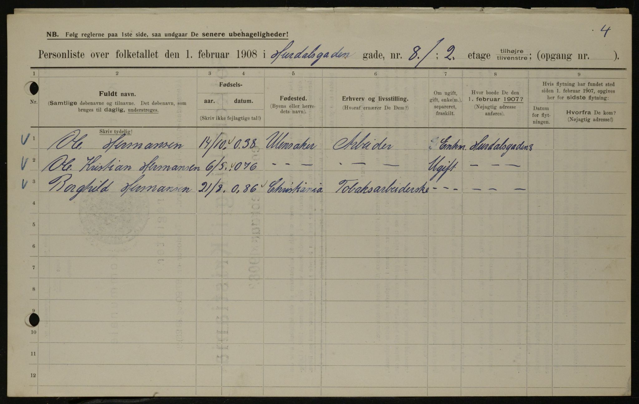 OBA, Municipal Census 1908 for Kristiania, 1908, p. 38000