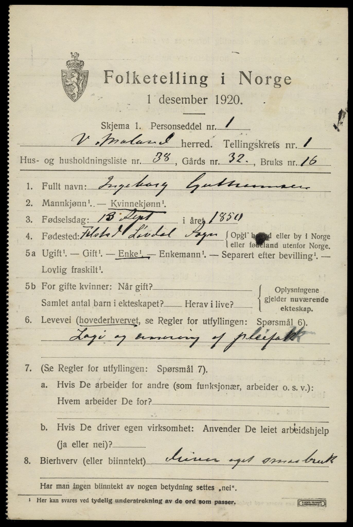SAK, 1920 census for Vestre Moland, 1920, p. 1409