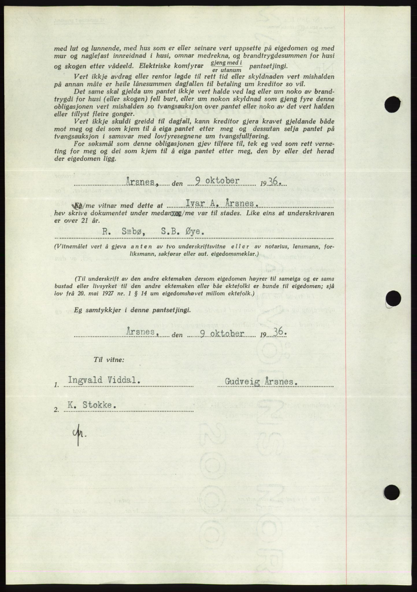 Søre Sunnmøre sorenskriveri, AV/SAT-A-4122/1/2/2C/L0061: Mortgage book no. 55, 1936-1936, Diary no: : 1430/1936