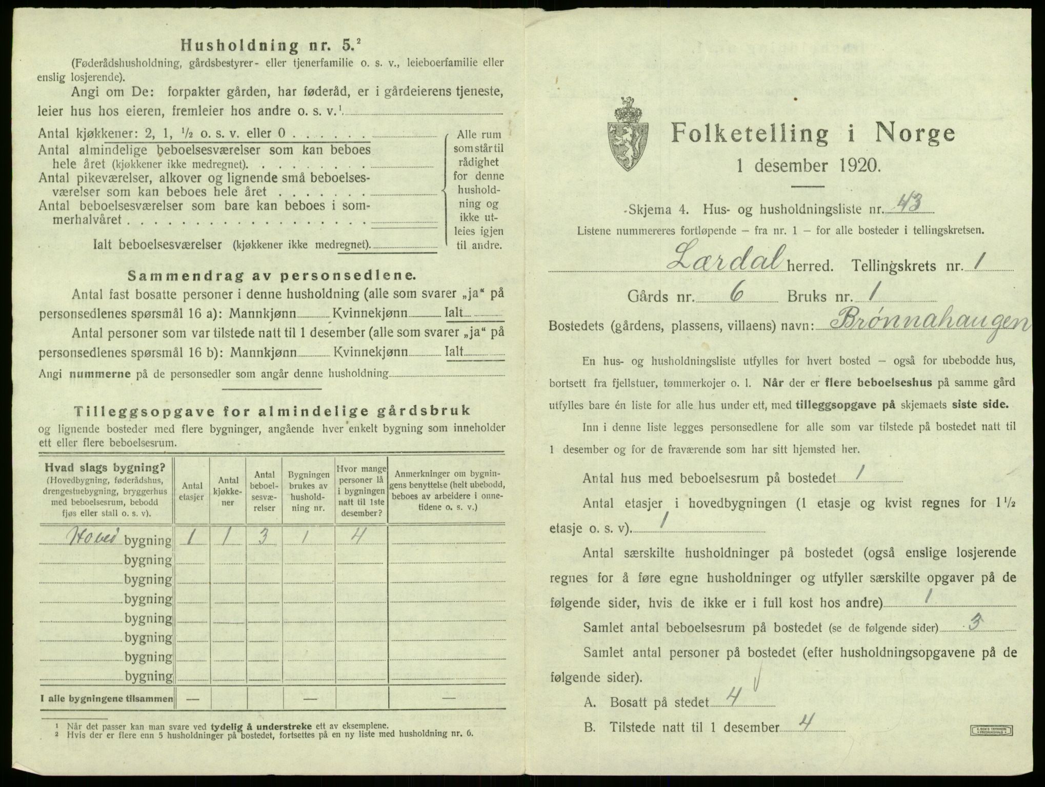 SAB, 1920 census for Lærdal, 1920, p. 121