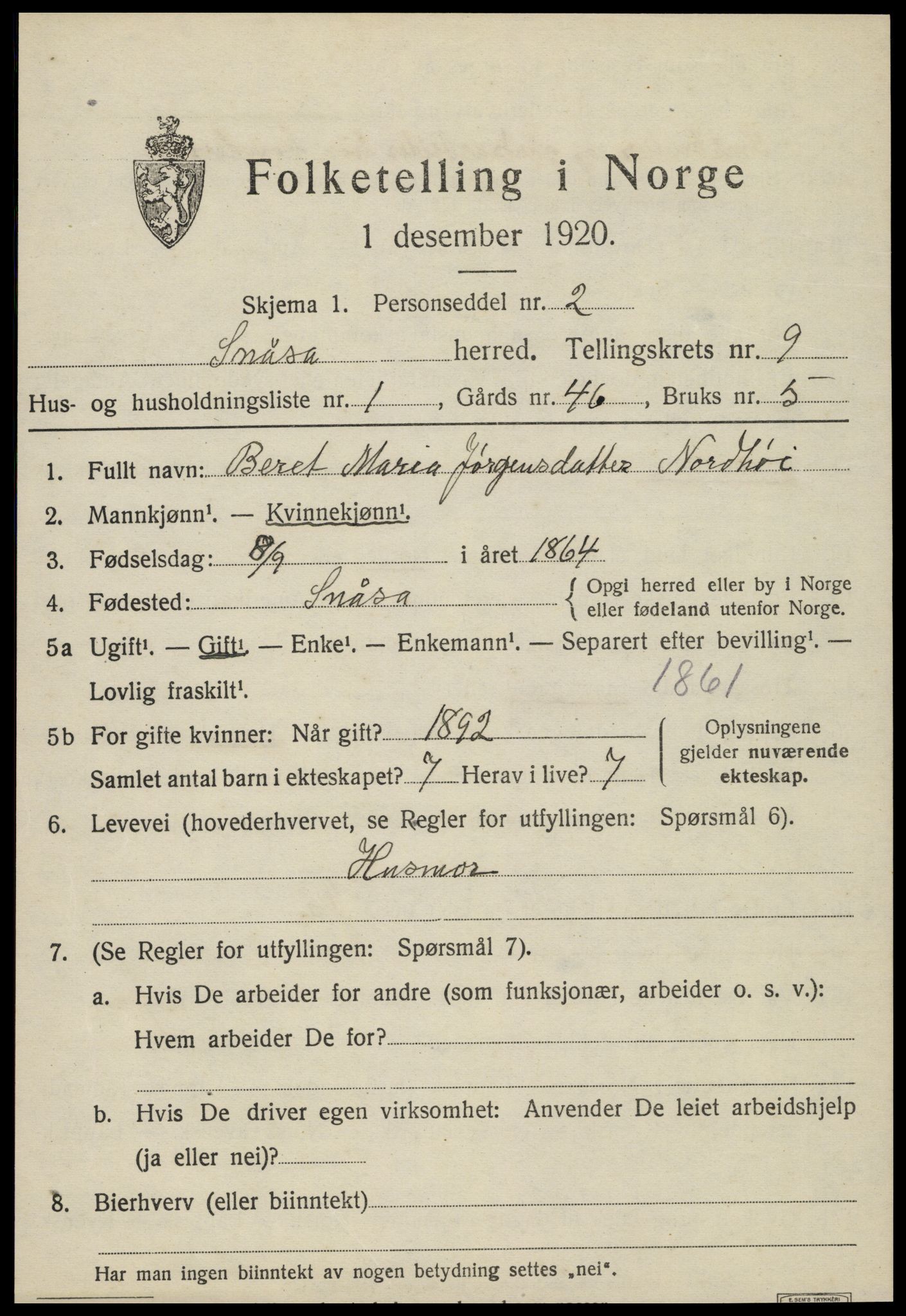 SAT, 1920 census for Snåsa, 1920, p. 3672