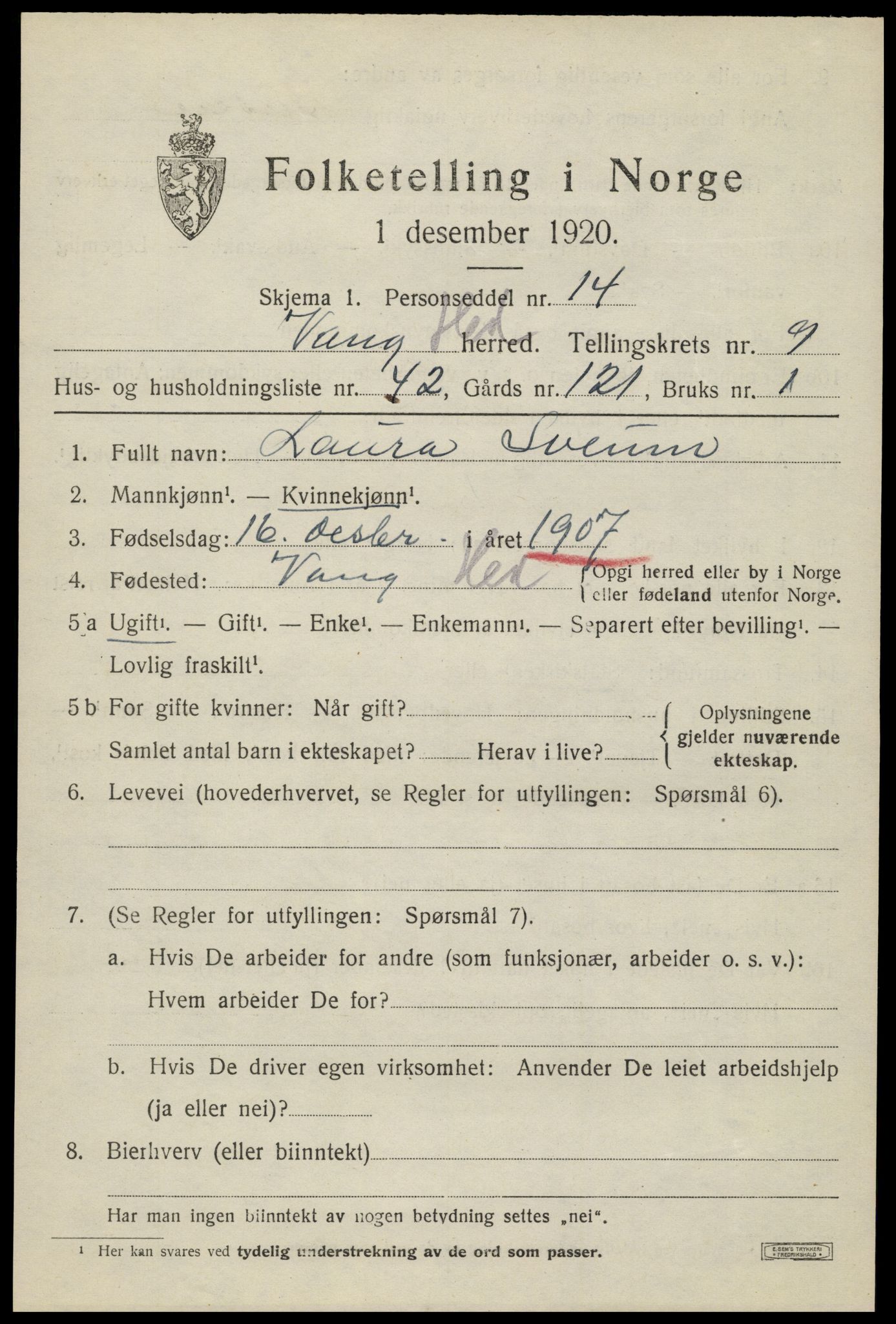 SAH, 1920 census for Vang (Hedmark), 1920, p. 18601