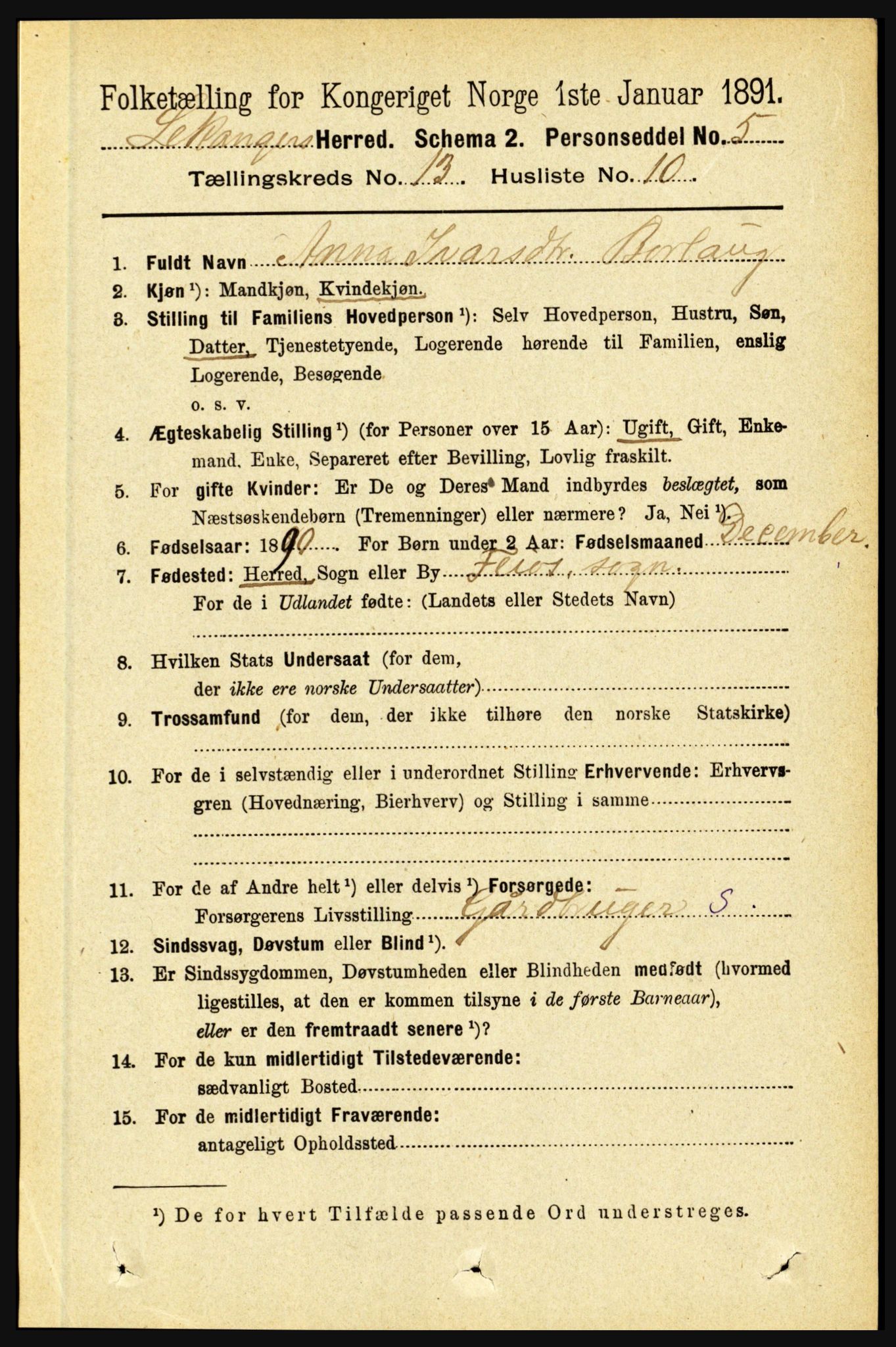RA, 1891 census for 1419 Leikanger, 1891, p. 2511