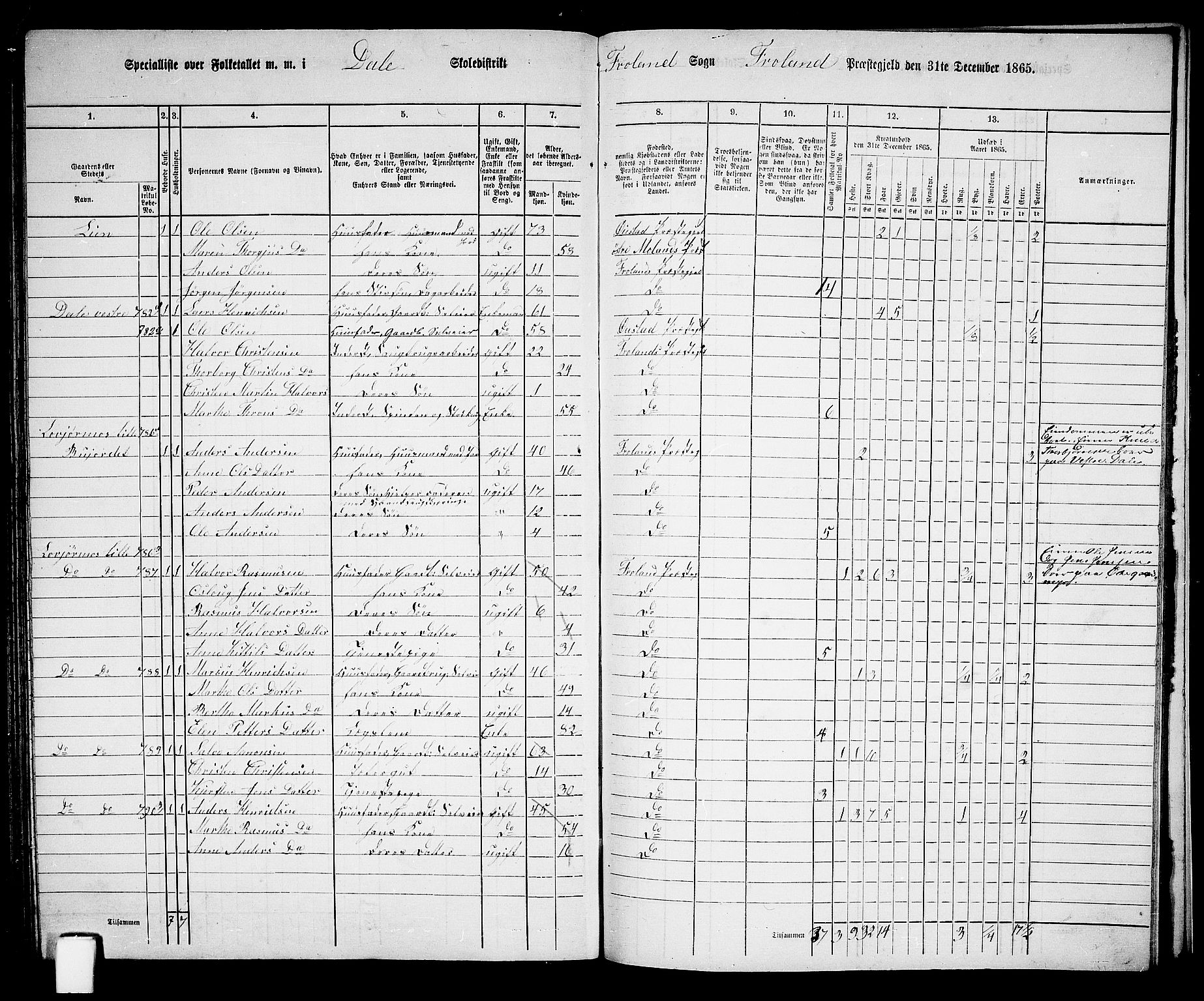 RA, 1865 census for Froland, 1865, p. 84